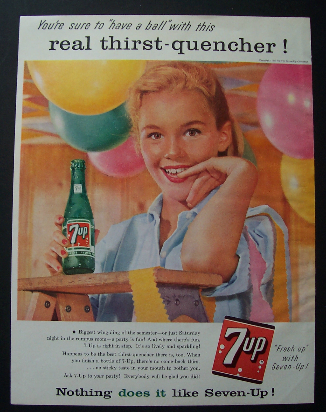 1957 Seven Up (7 Up) Soda with a Girl on a Ladder