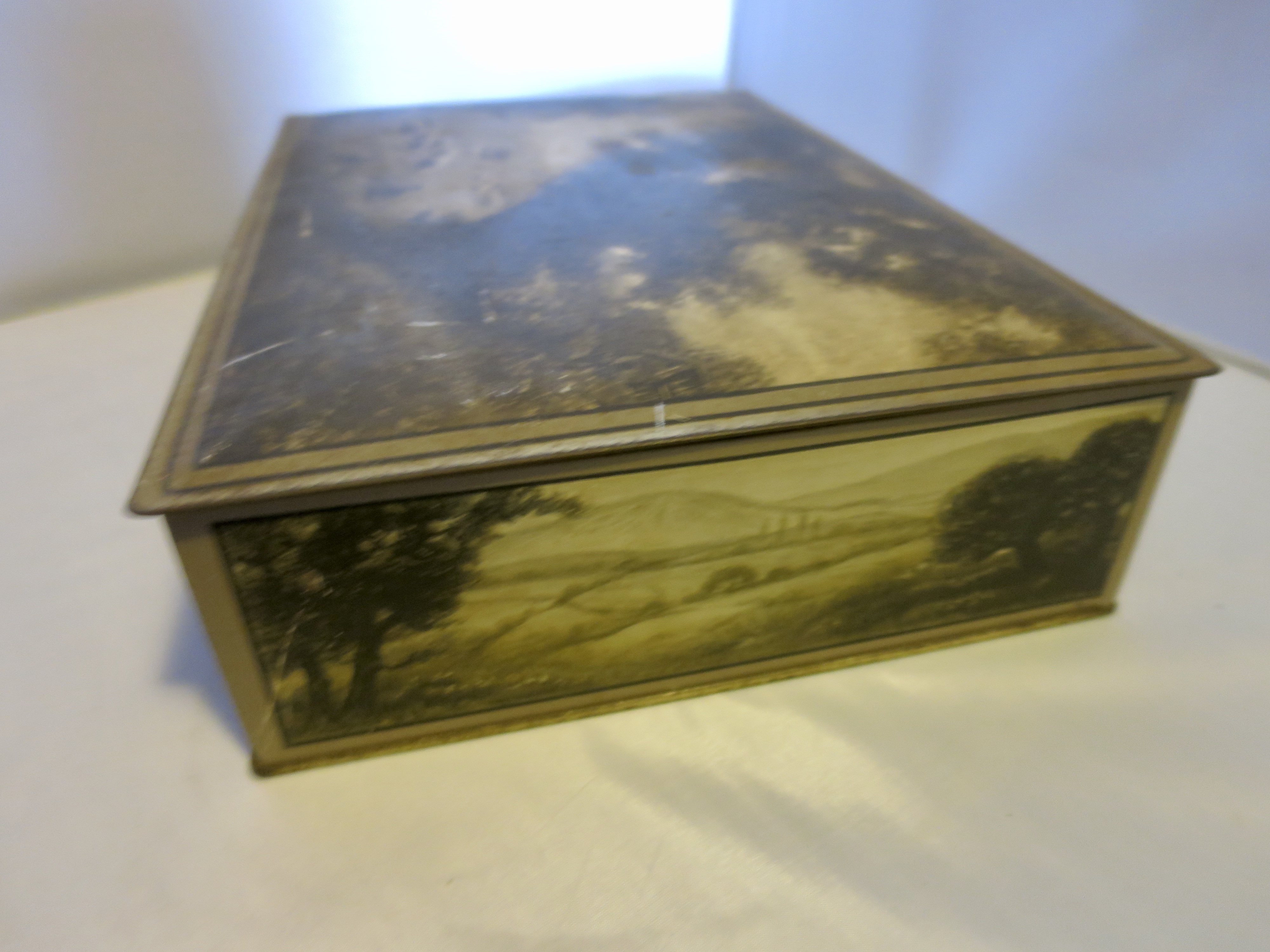 Uneeda Biscuit Tin Sheep Farm Shepherd Dog painted scene c 1923