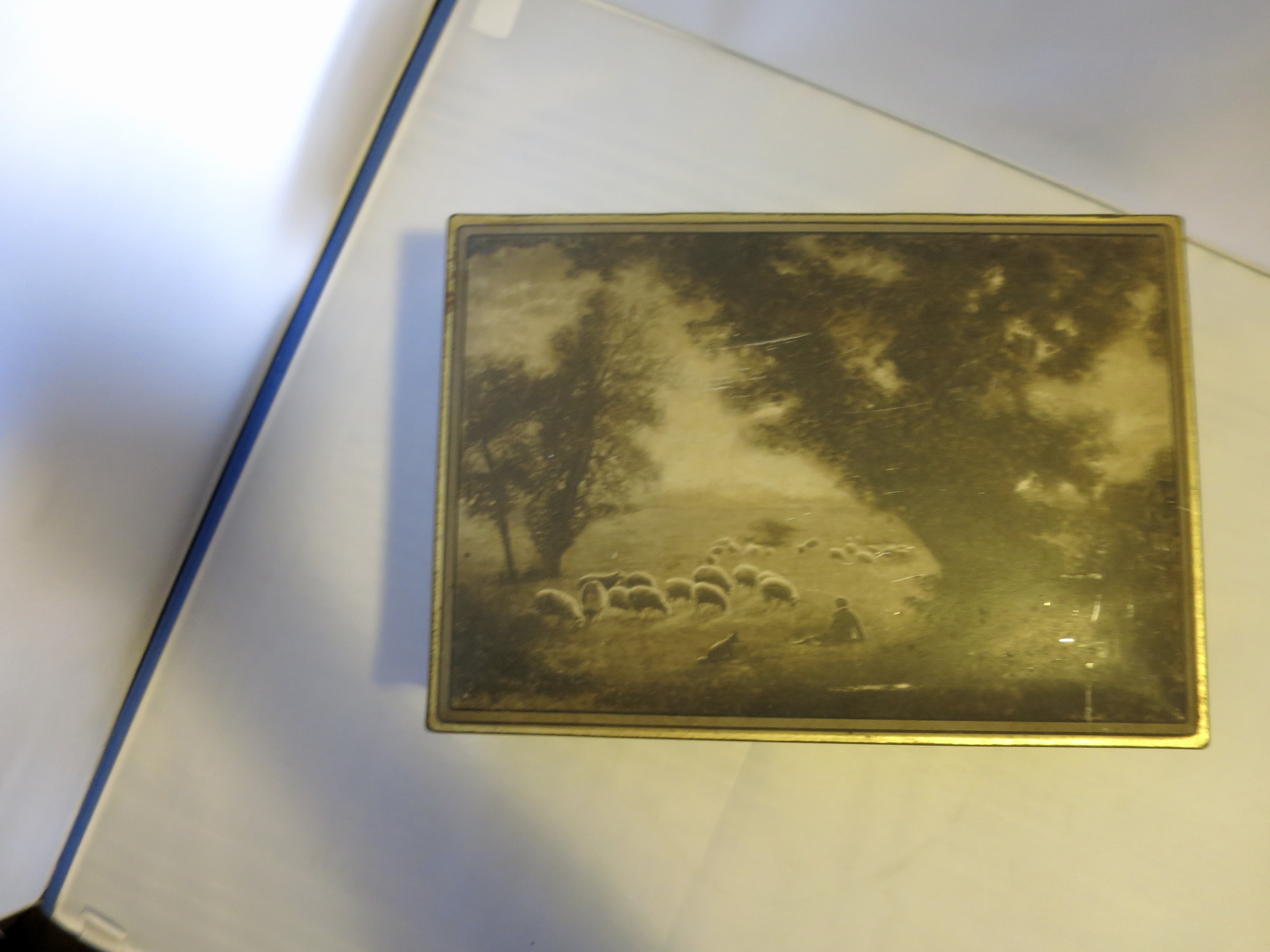 Uneeda Biscuit Tin Sheep Farm Shepherd Dog painted scene c 1923