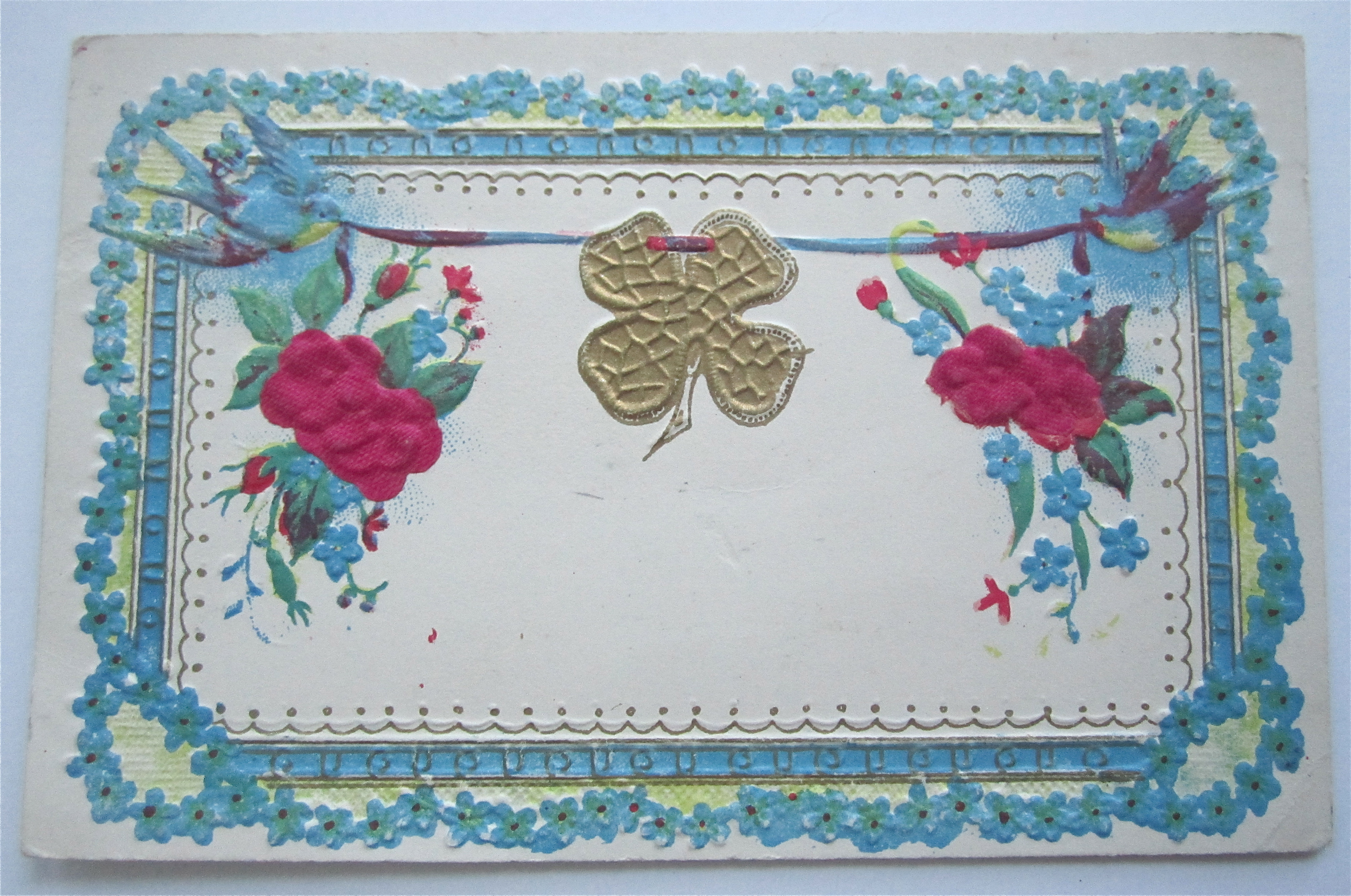 Four Leaf Clover Being Held By Two Birds Postcard