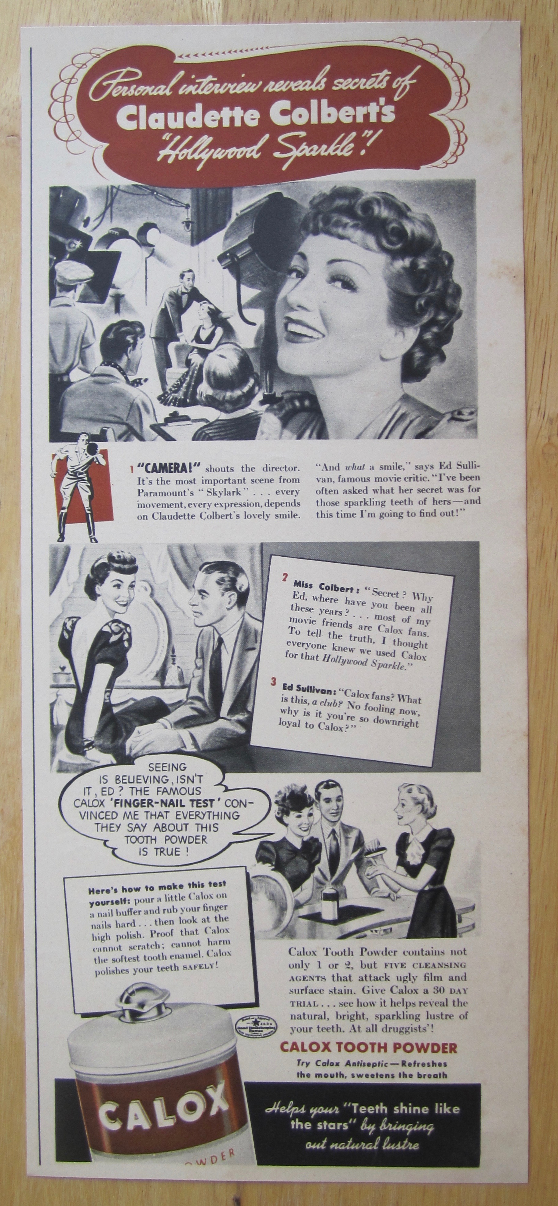 1940 Calox Tooth Powder with Claudette Colbert