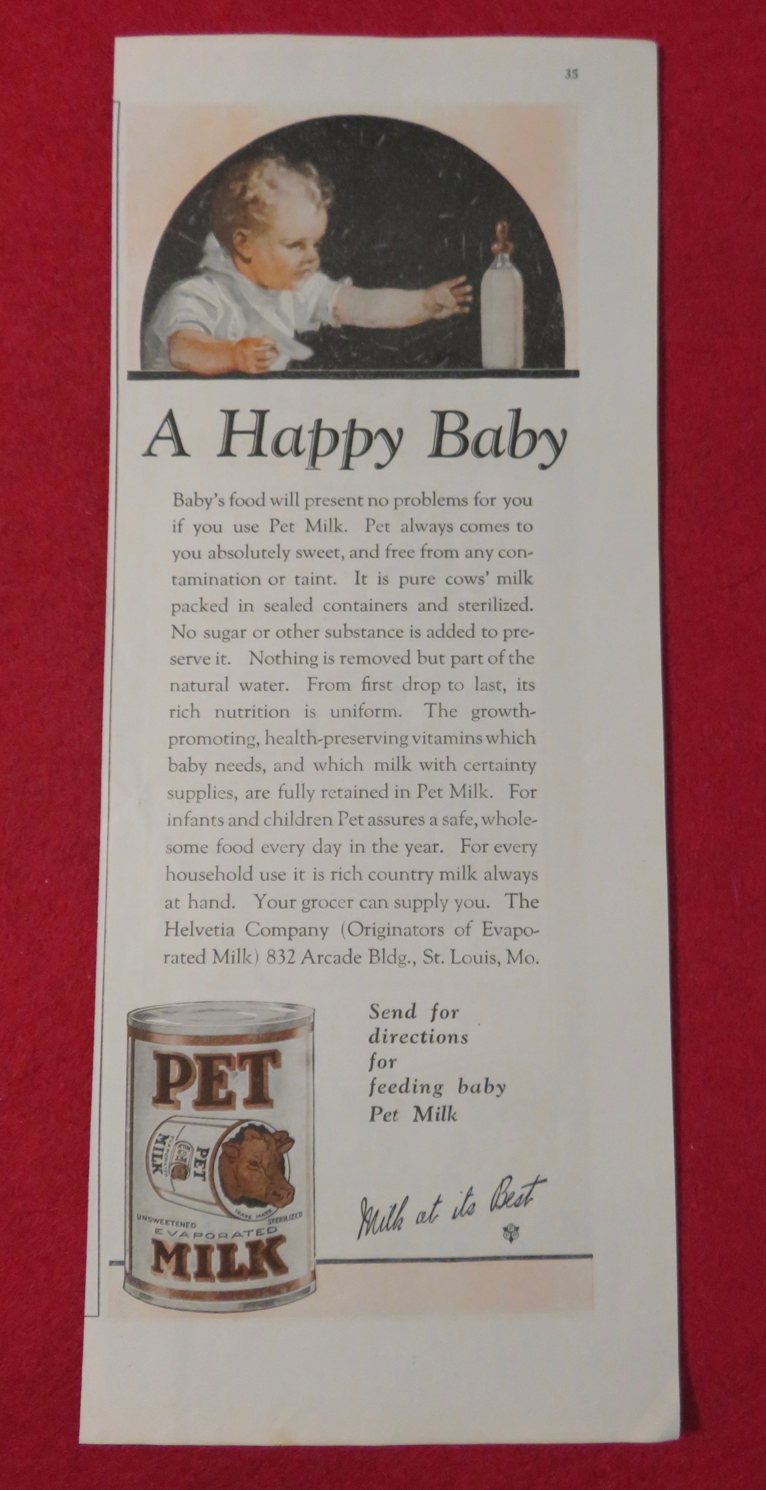 1923 Pet Milk with Baby Reaching For Their Bottle