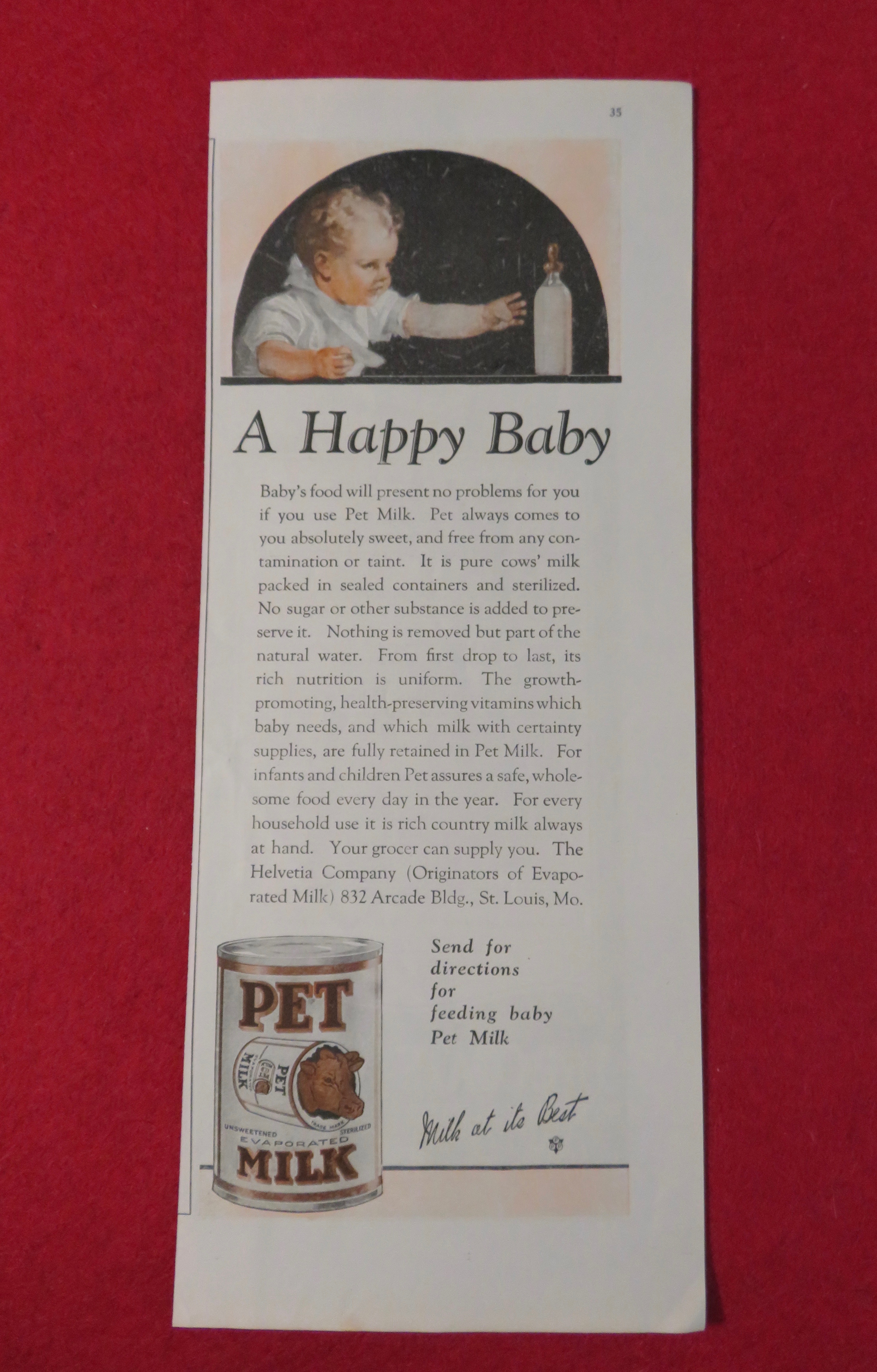 1923 Pet Milk with Baby Reaching For Their Bottle