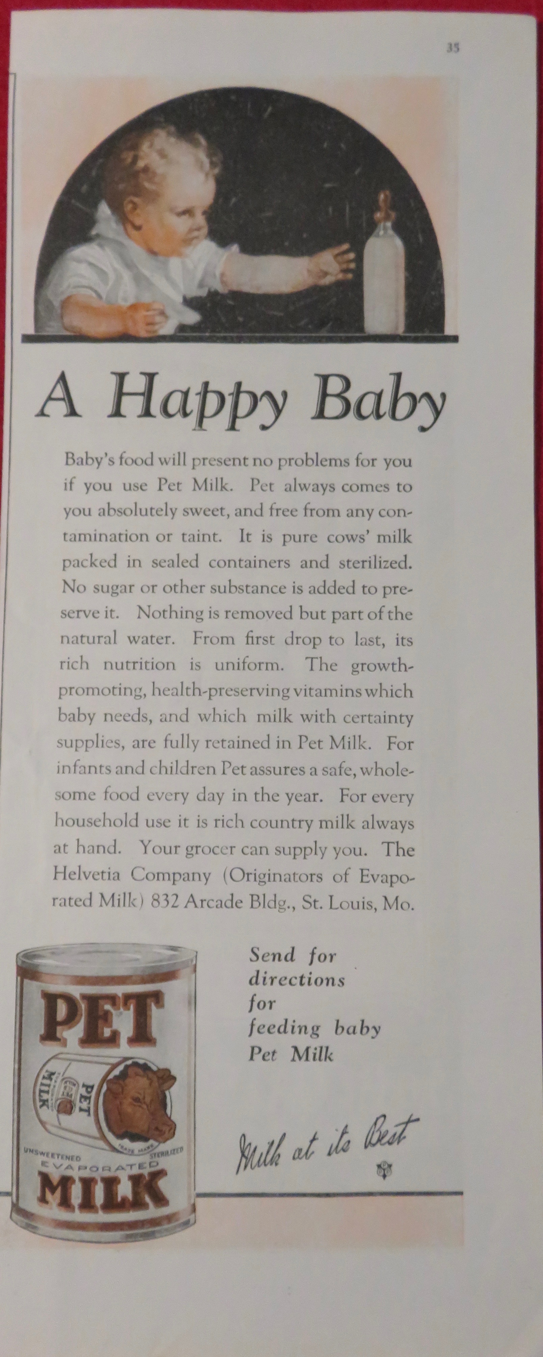 1923 Pet Milk with Baby Reaching For Their Bottle
