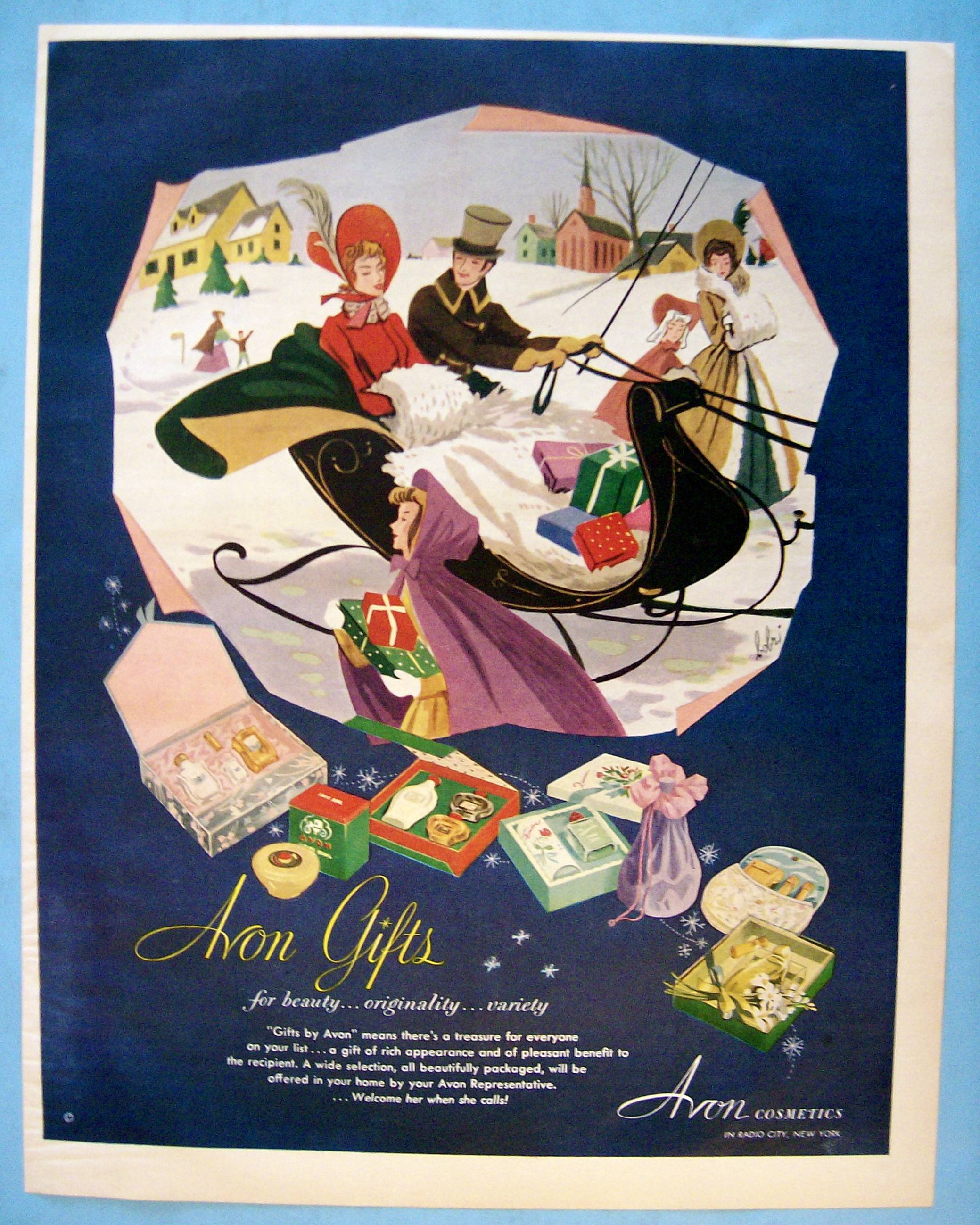 1951 Avon with Man & Woman Riding in a Sleigh