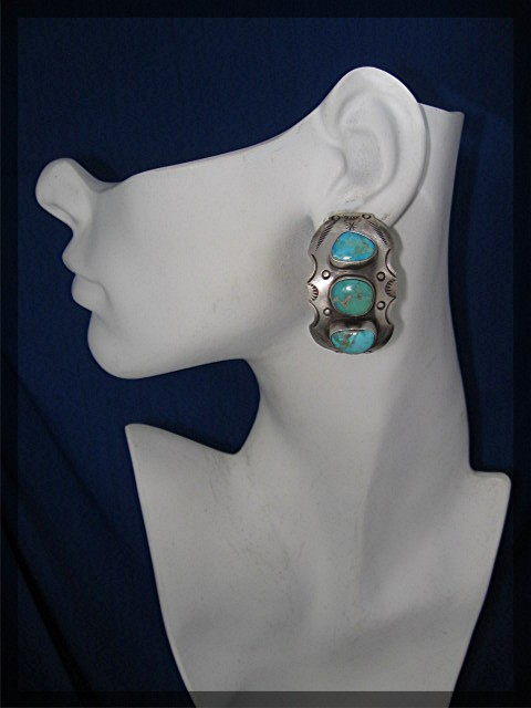 Navajo Sterling Silver Carico LakeTurquoise Clip Earrs