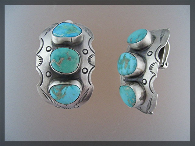 Navajo Sterling Silver Carico LakeTurquoise Clip Earrs
