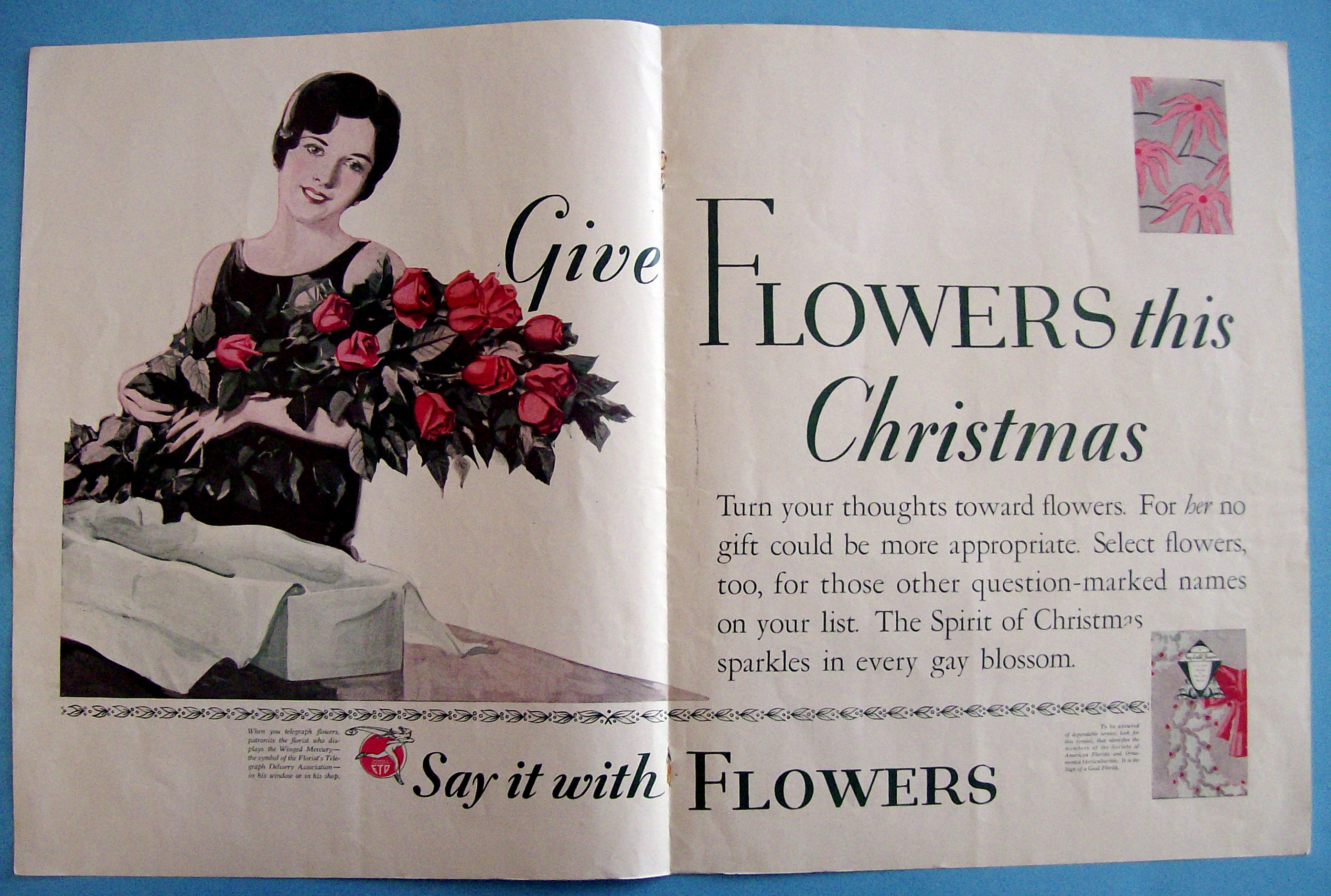 1929 Florists Telegraph Delivery (FTD) with Woman Holding a Bouquet of Flowers