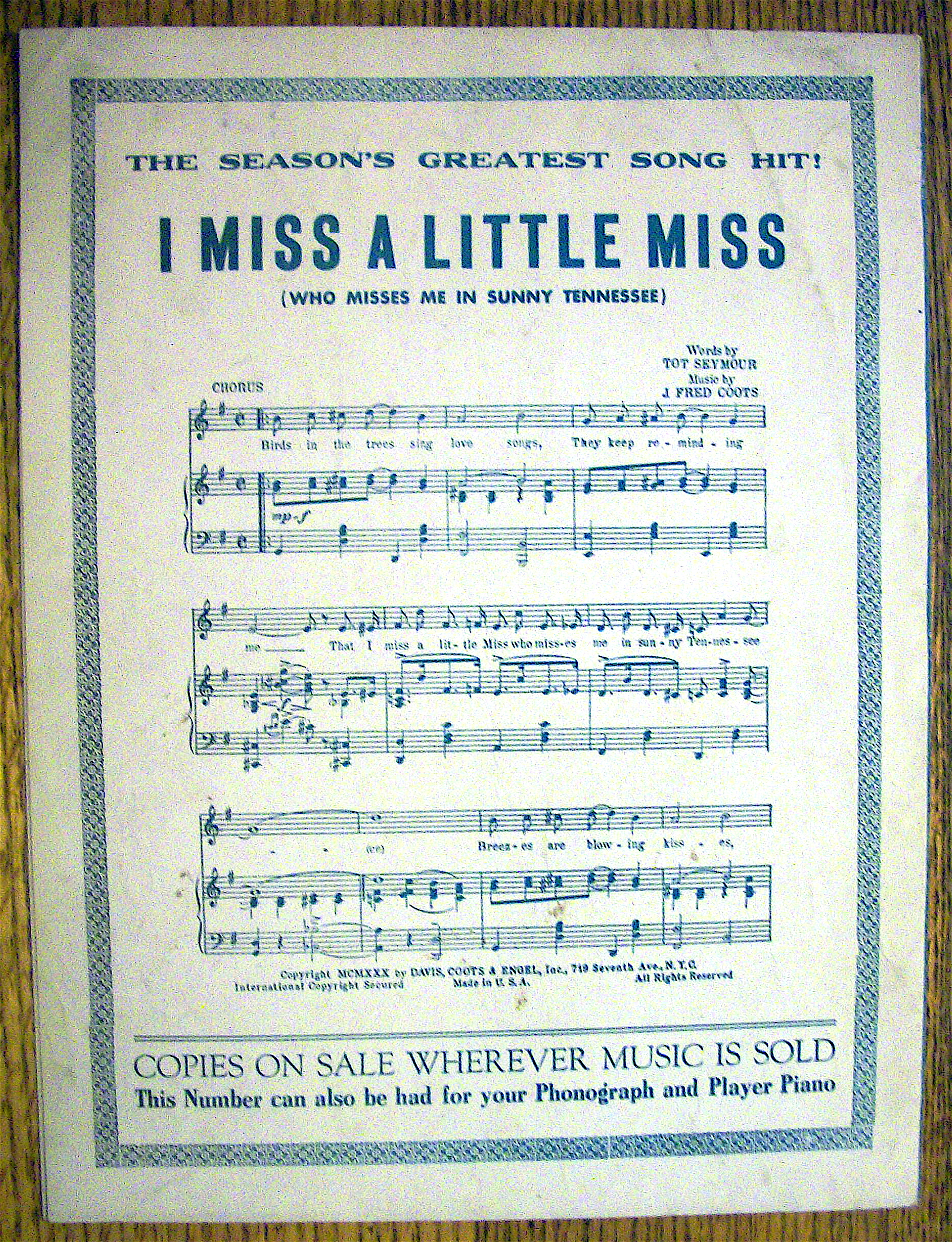 Sheet Music For 1931 My Cigarette Lady