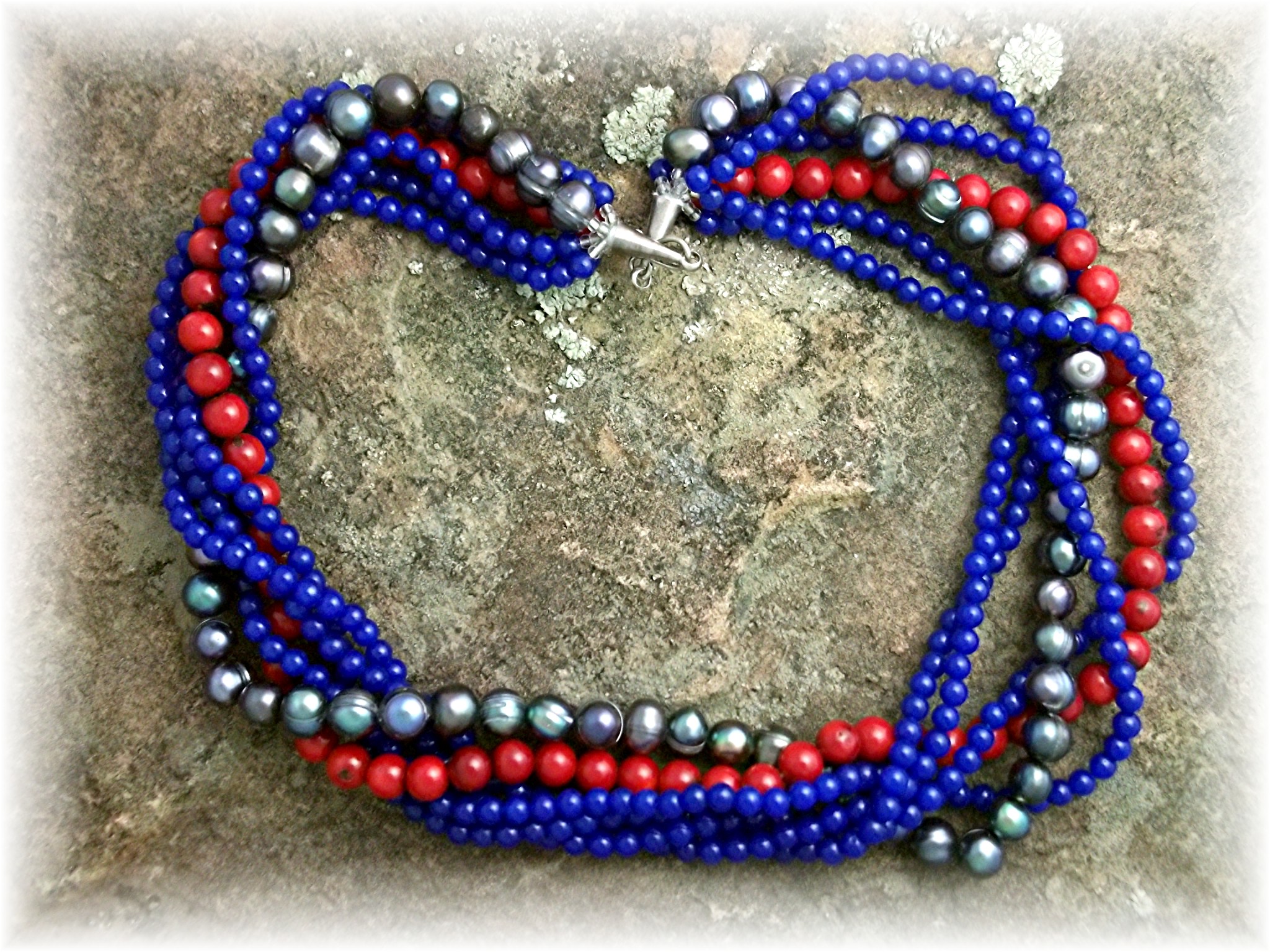 Necklace Coral Blue Jade Freshwater Pearl Sterling Silv