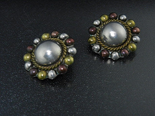 Taxco Mexico Sterling Silver Copper Brass Clip Earrings