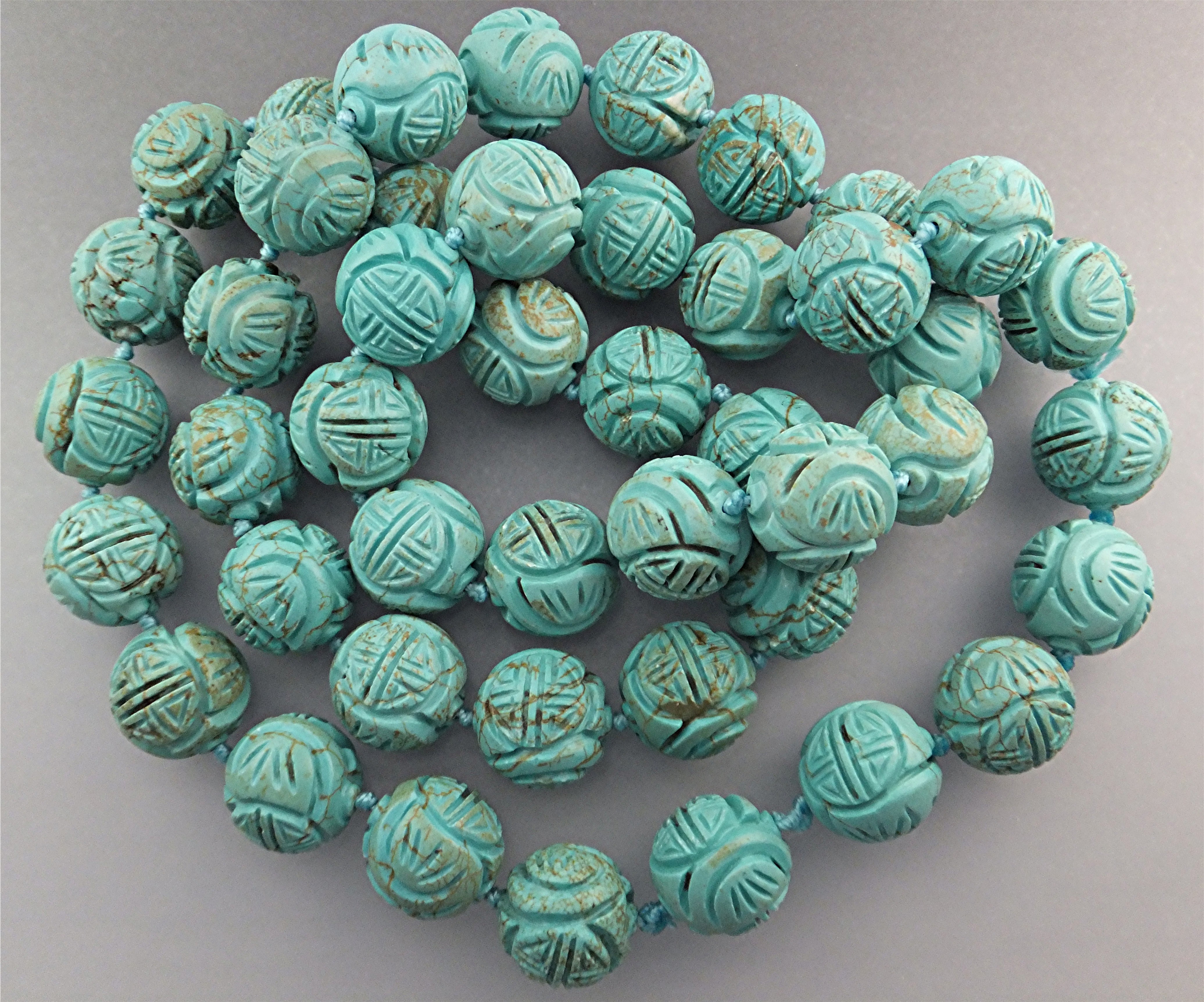 Necklace Carved Turquoise Hand Knotted Beads