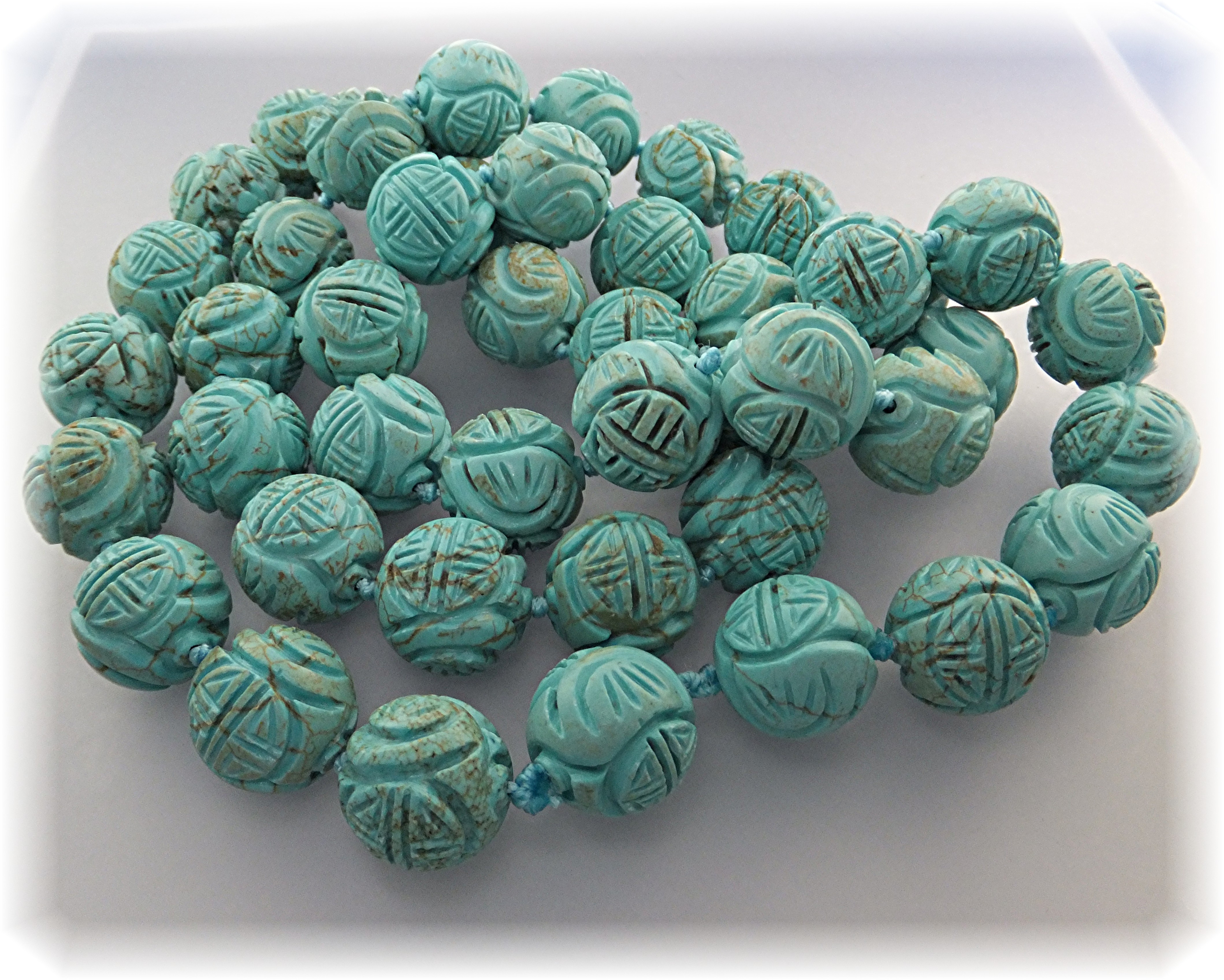 Necklace Carved Turquoise Hand Knotted Beads