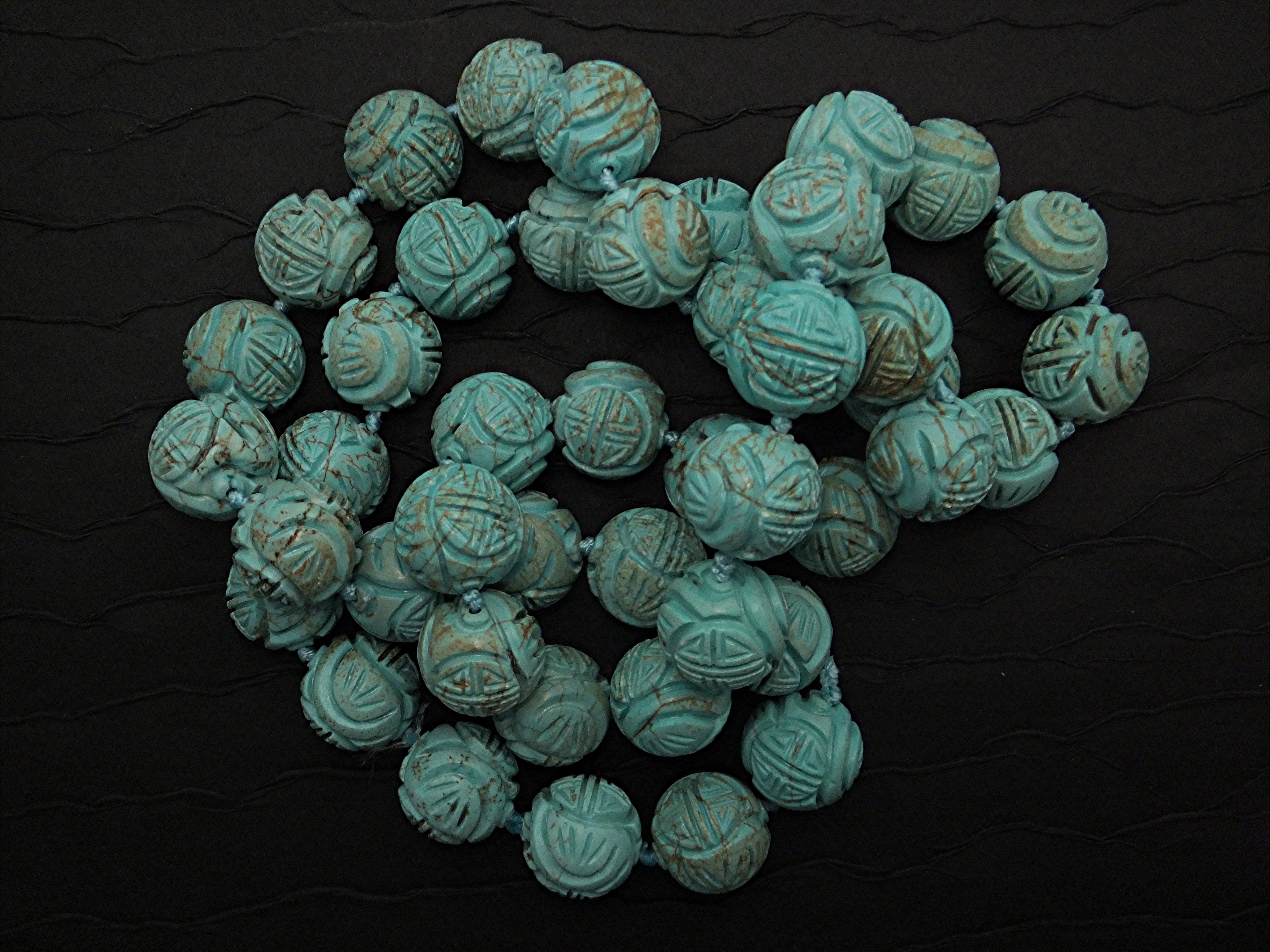 Necklace Carved Turquoise Hand Knotted Beads