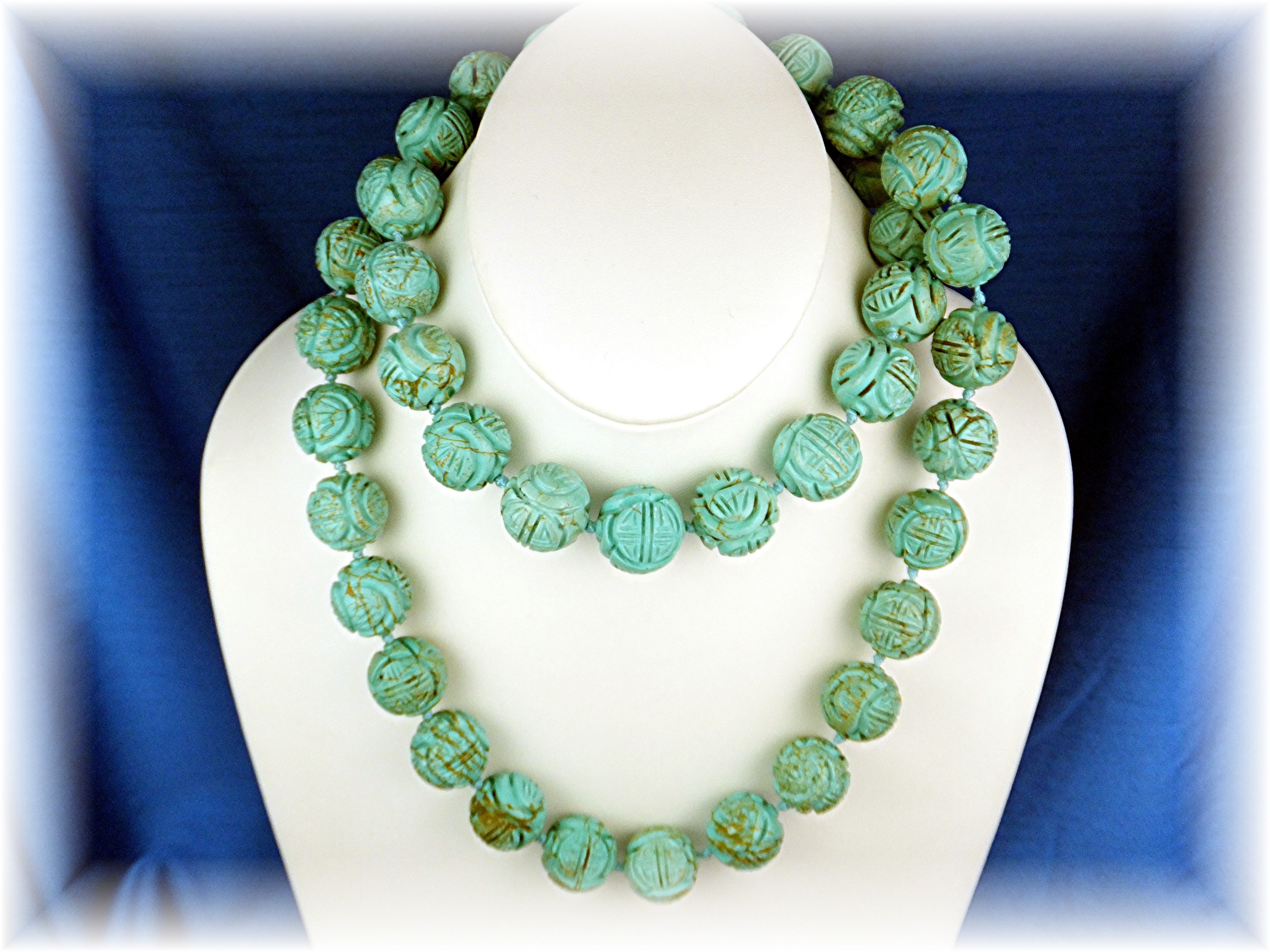 Necklace Carved Turquoise Hand Knotted Beads