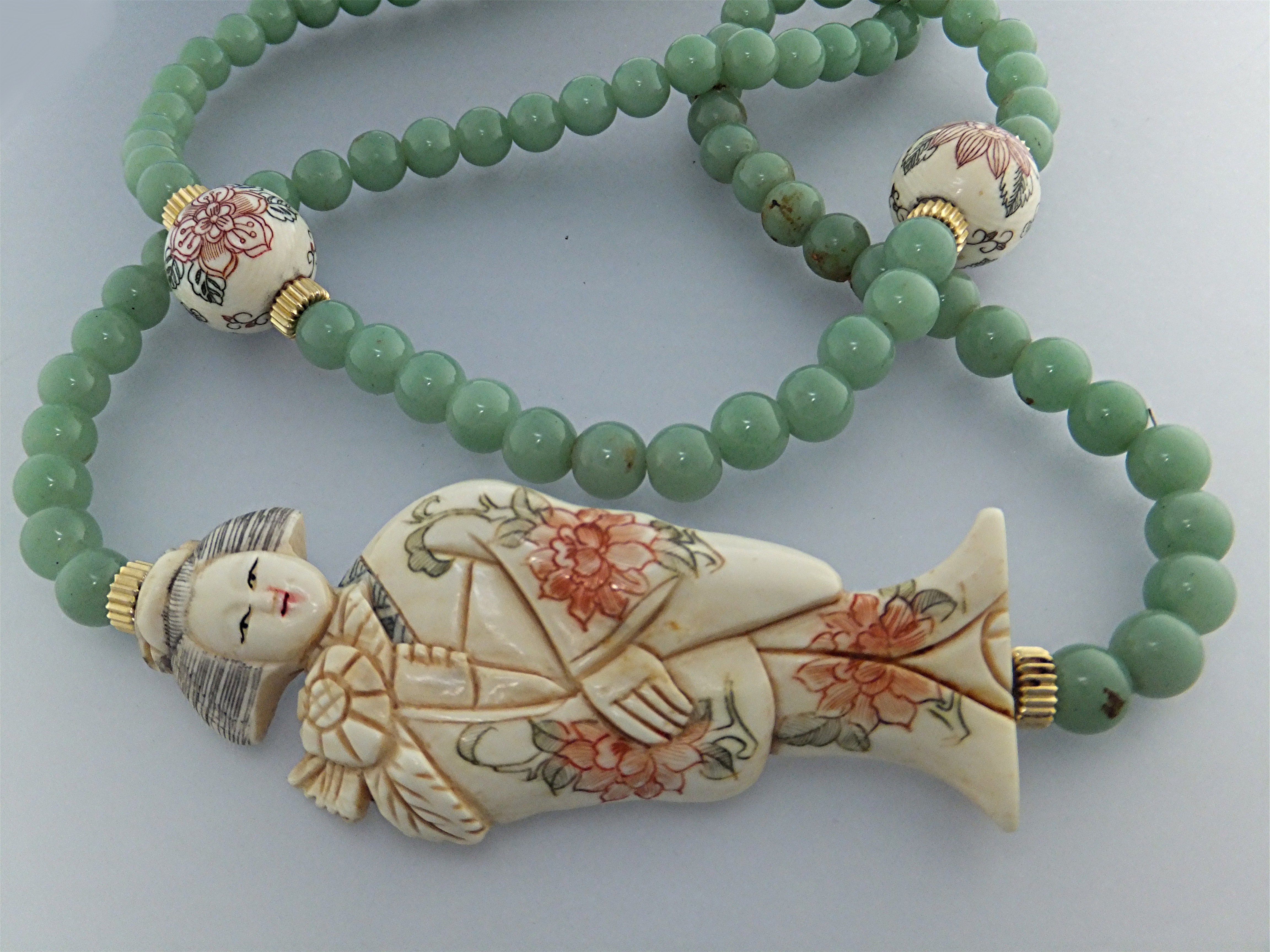 Necklace Pre Ban Ivory Lady w Beads Adventurine Beads