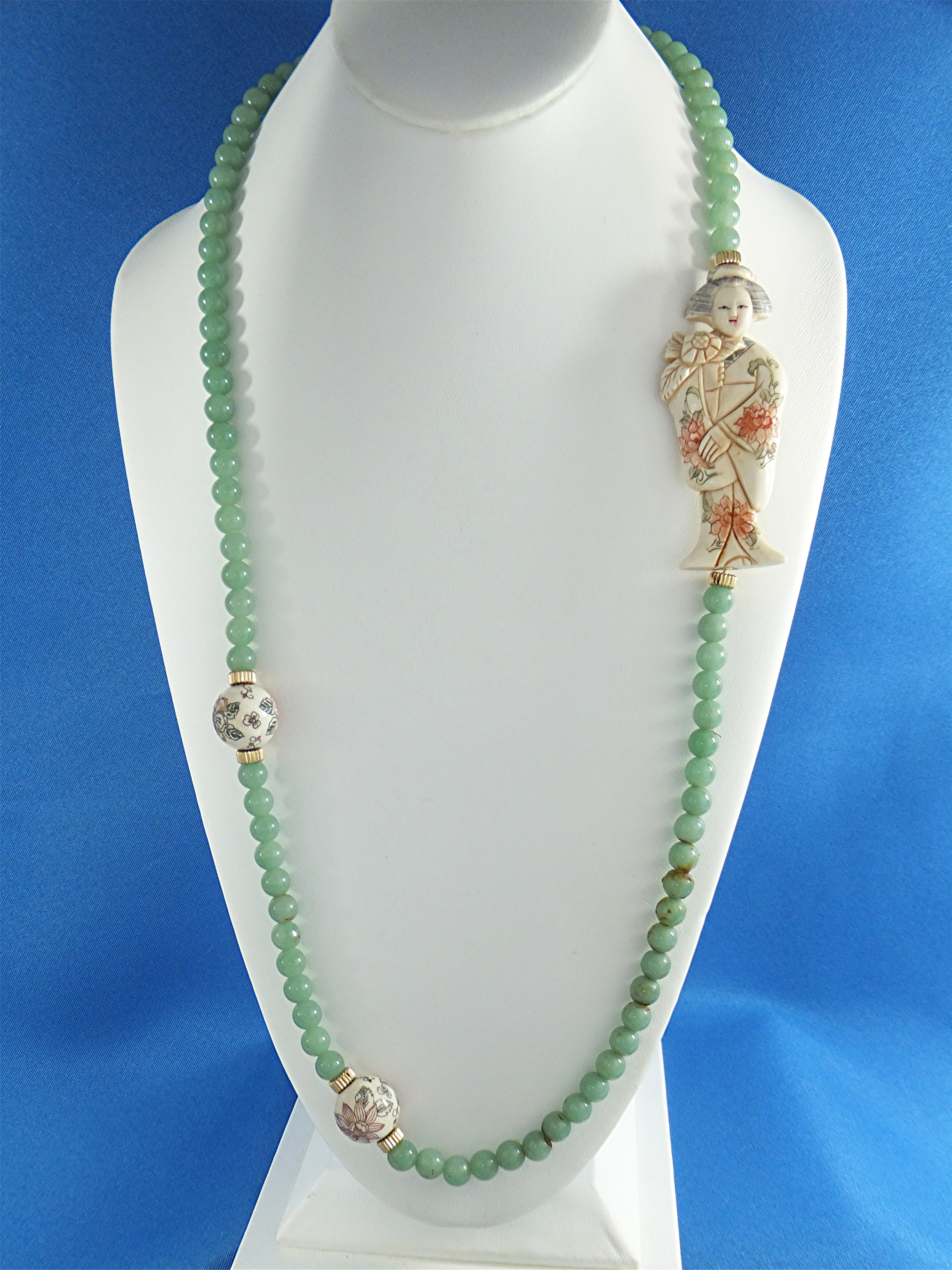 Necklace Pre Ban Ivory Lady w Beads Adventurine Beads