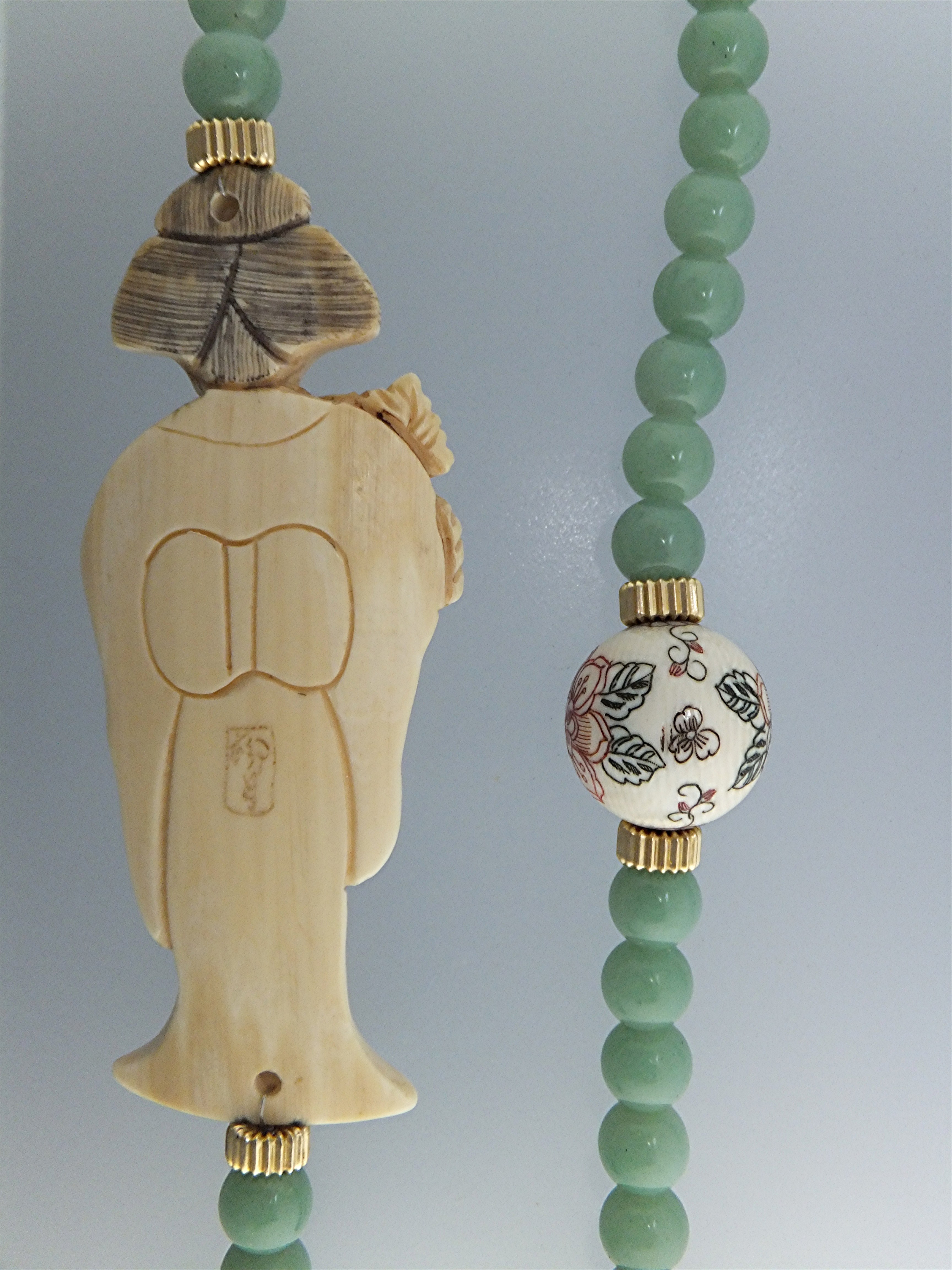Necklace Pre Ban Ivory Lady w Beads Adventurine Beads