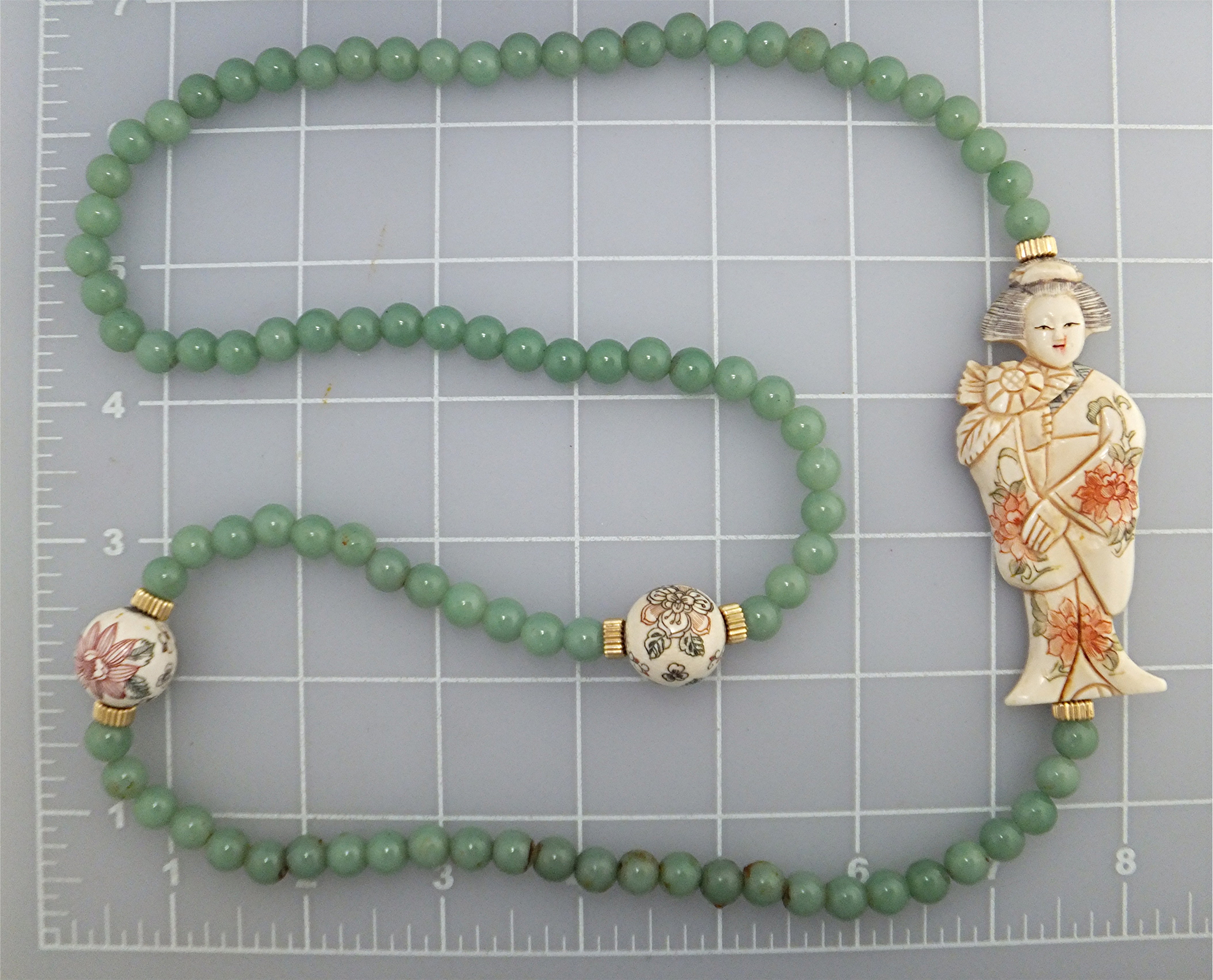 Necklace Pre Ban Ivory Lady w Beads Adventurine Beads