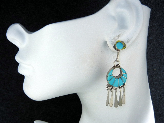 Native American Zuni Turquoise Inlay  Sterling Silver L