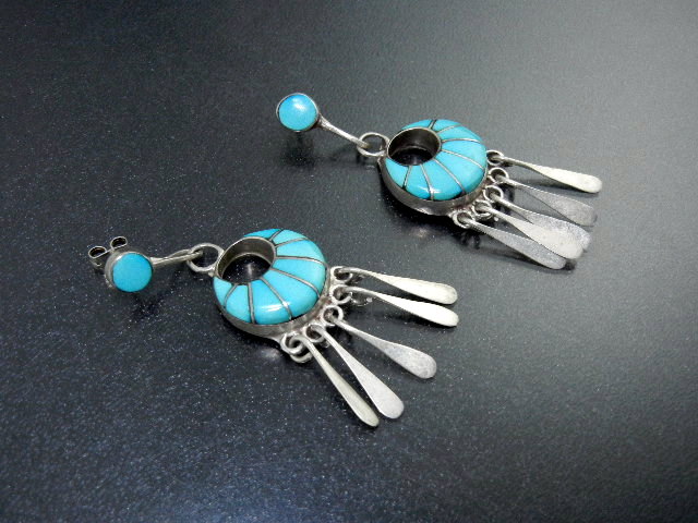 Native American Zuni Turquoise Inlay Sterling Silver L