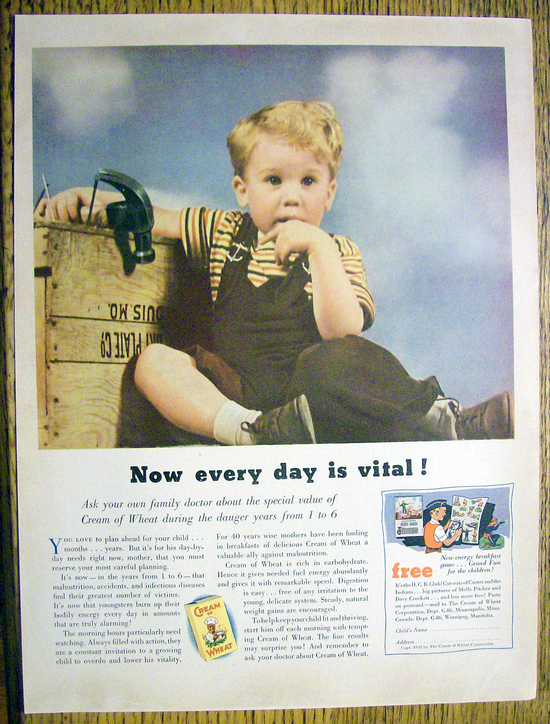 1935 Cream Of Wheat Cereal with Little Boy Sitting