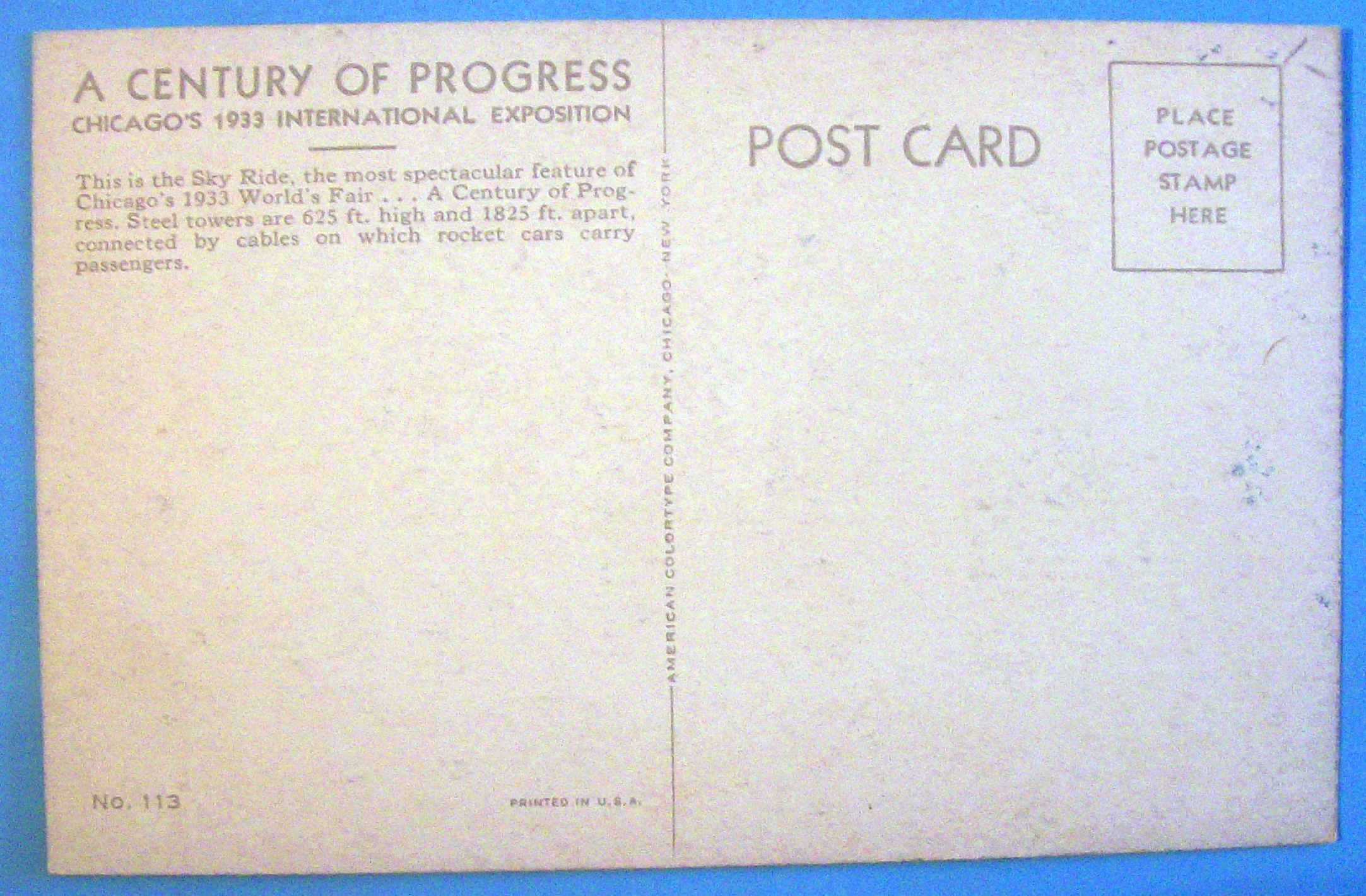 Sky Ride Postcard (1933 Century Of Progress)