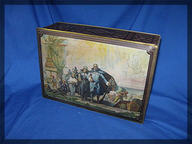 CANCO metal tin box with hinged lid, Mayflower