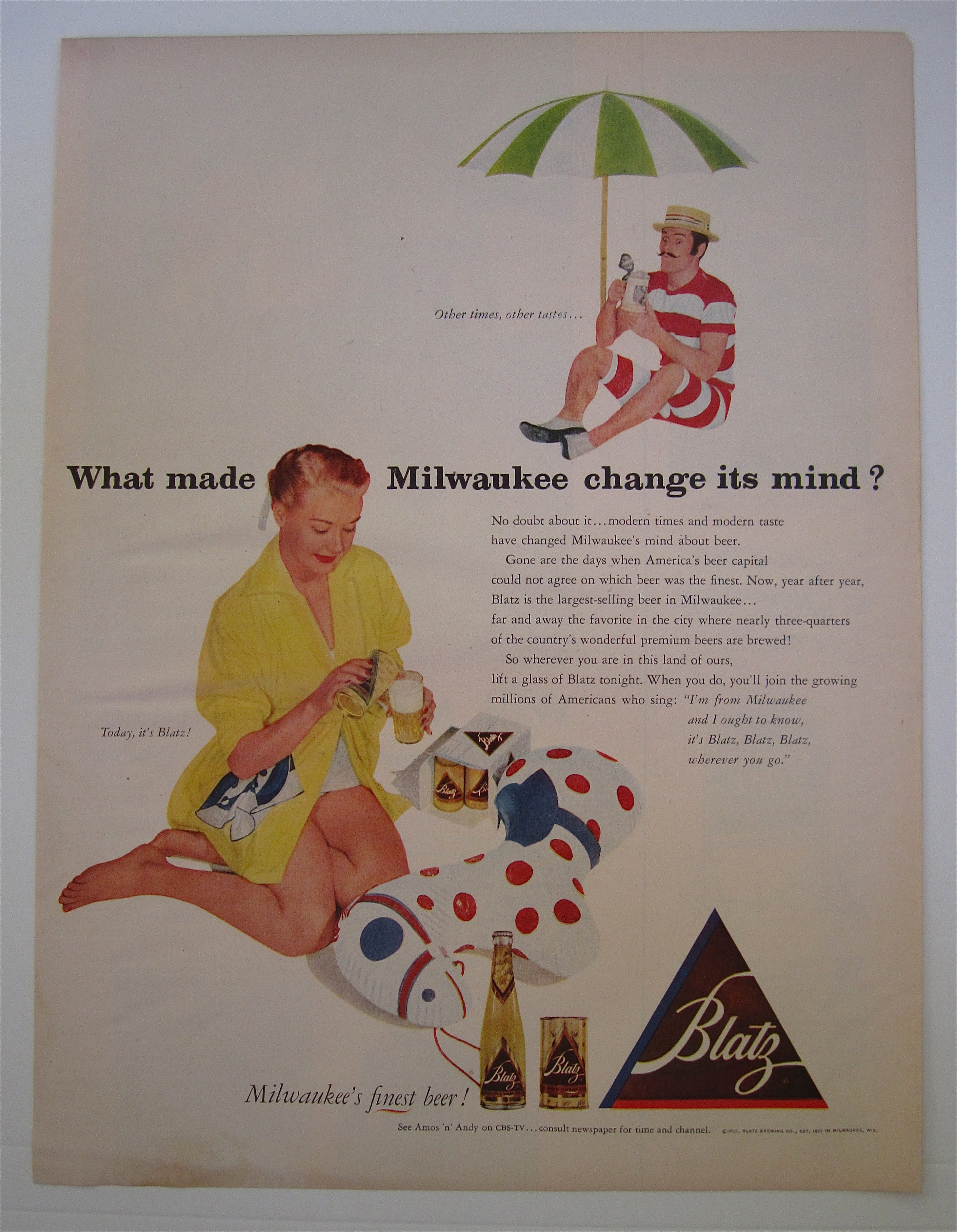 1952 Blatz Beer with Woman Pouring Beer in a Glass