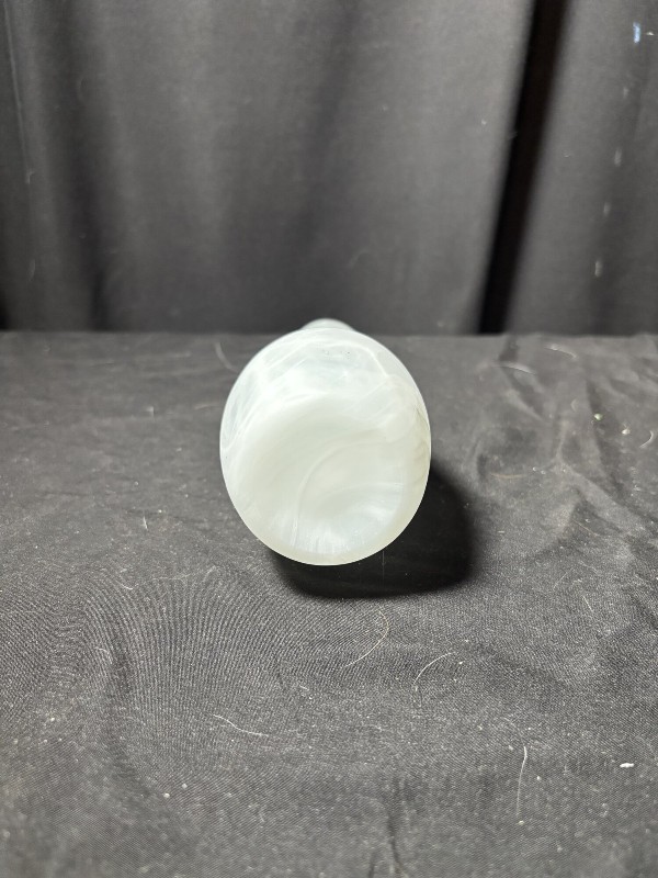 White Slag Glass Bowling Pin Vase 7.5" Mid Century Swirl Art Glass Glow