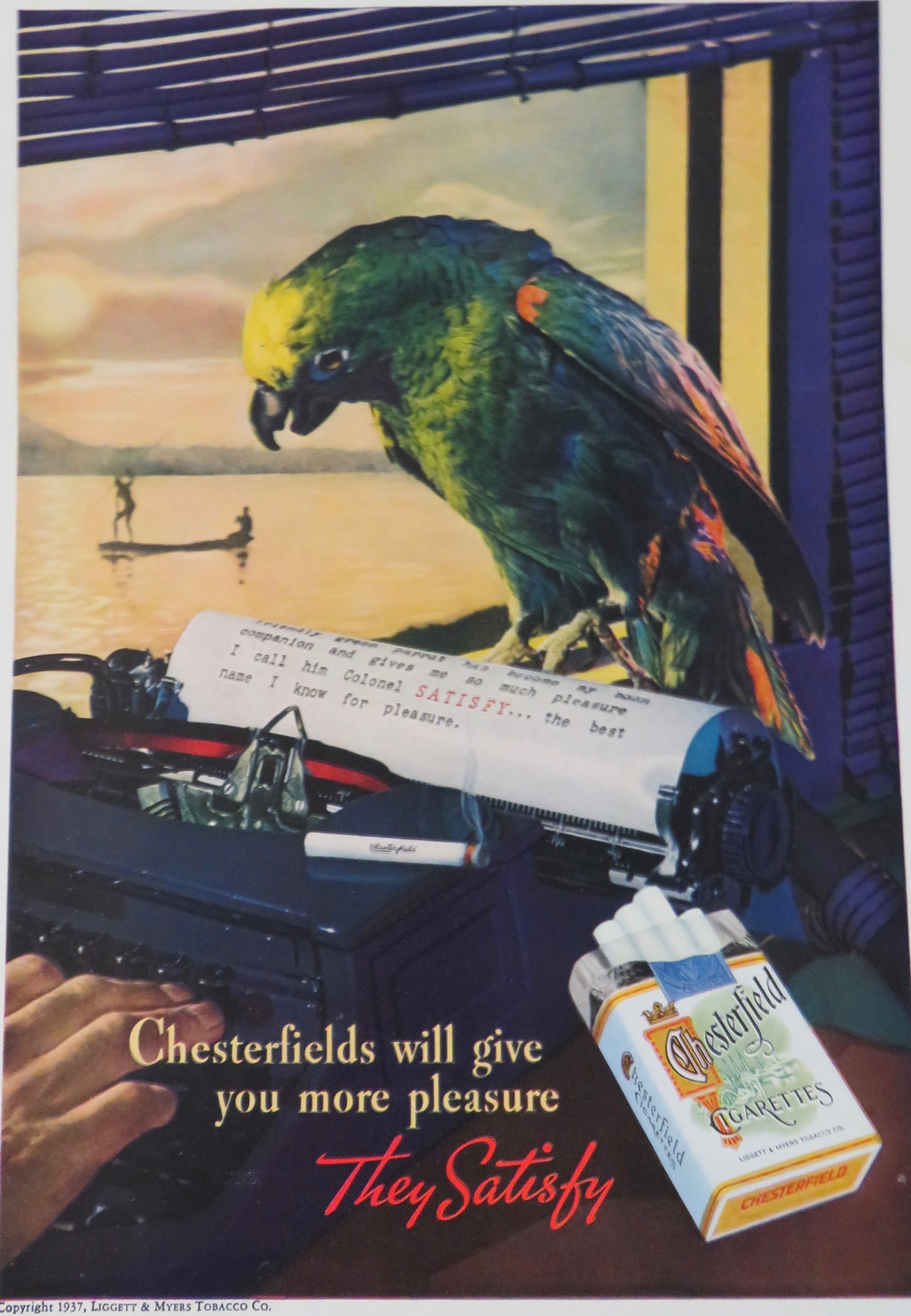 1937 Chesterfield Cigarettes with Parrot Reading Letter