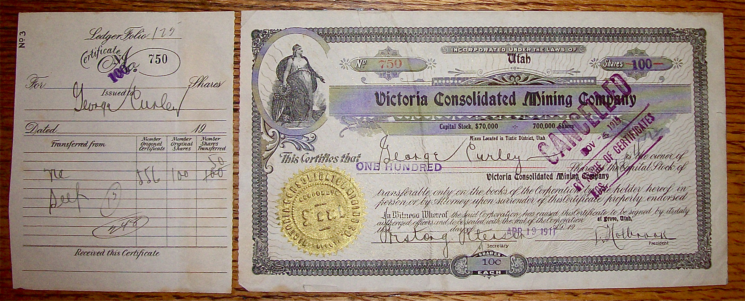1911 Victoria Consolidated Mining Company Stock