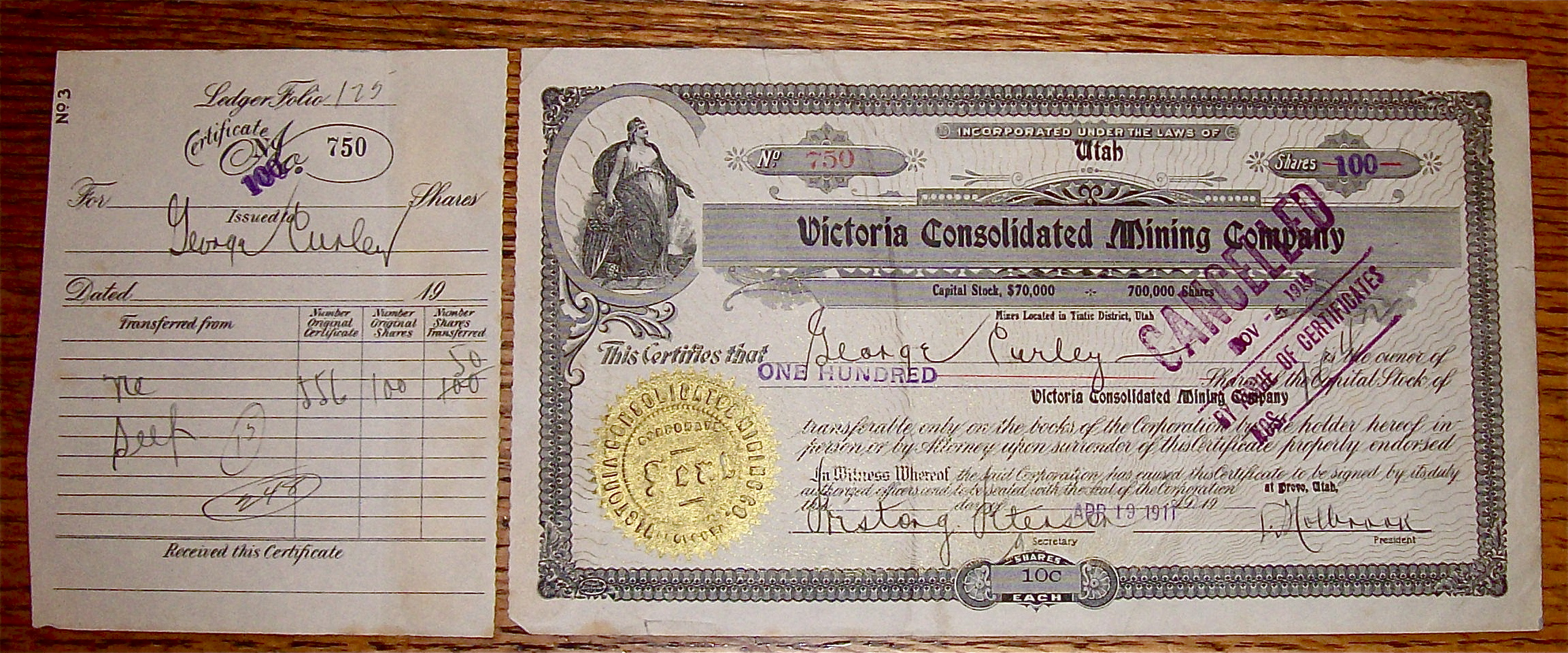 1911 Victoria Consolidated Mining Company Stock