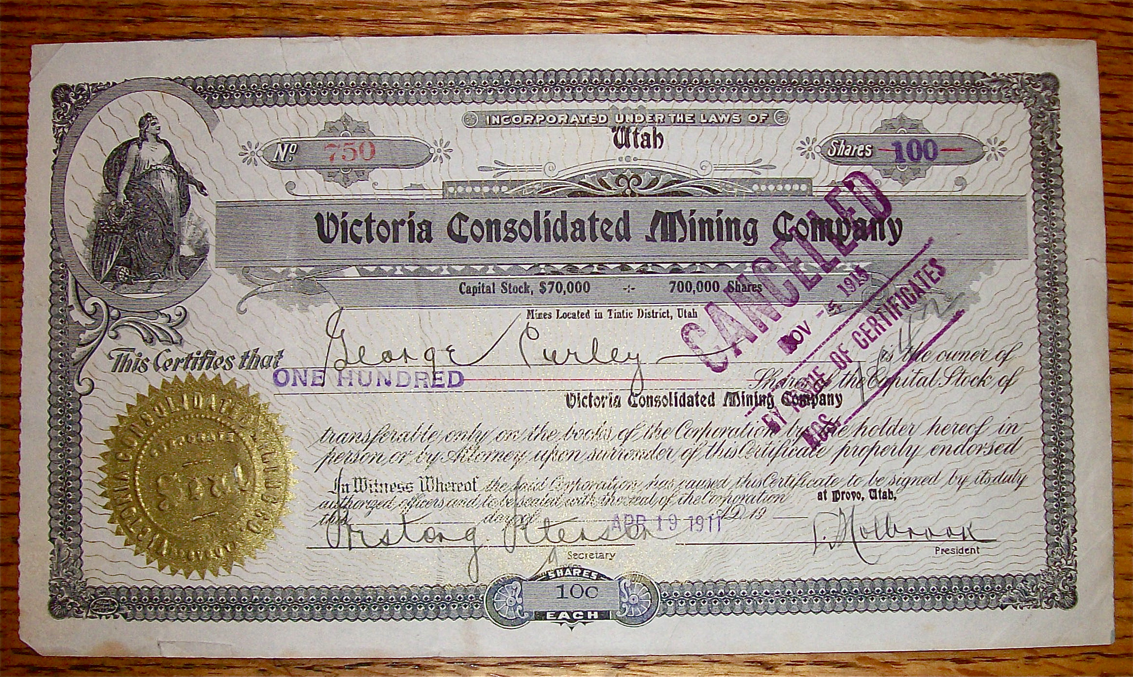1911 Victoria Consolidated Mining Company Stock