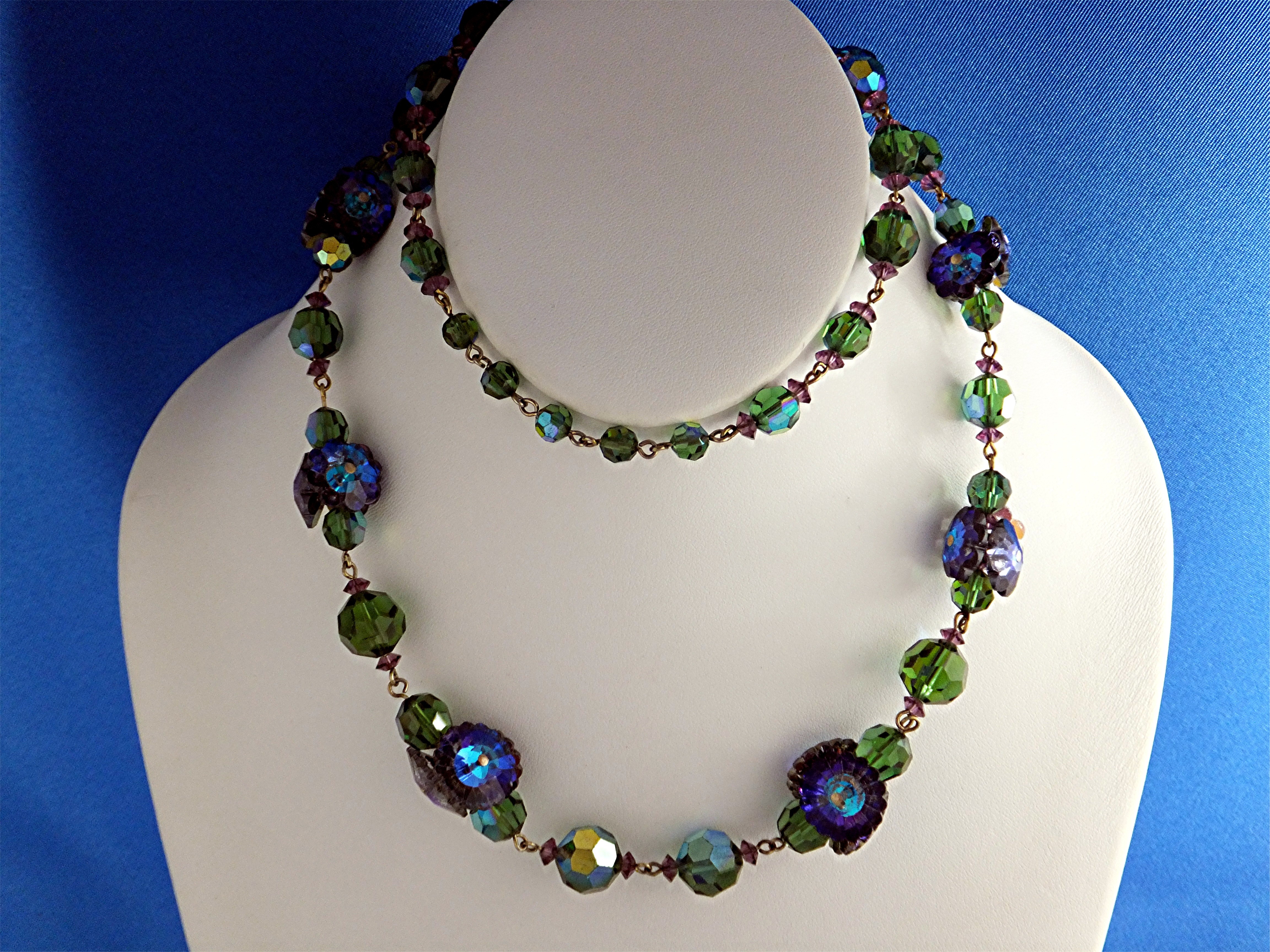 Necklace & Earrings Blue Green Rivoli Crystal