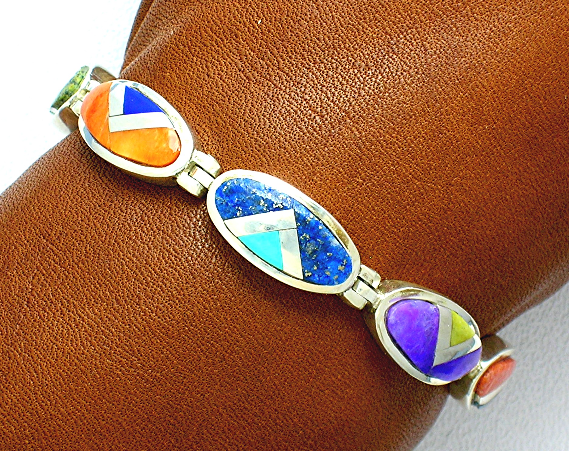 Calvin Begay Sterling Silver Inlay Coral Turquoise  Bra