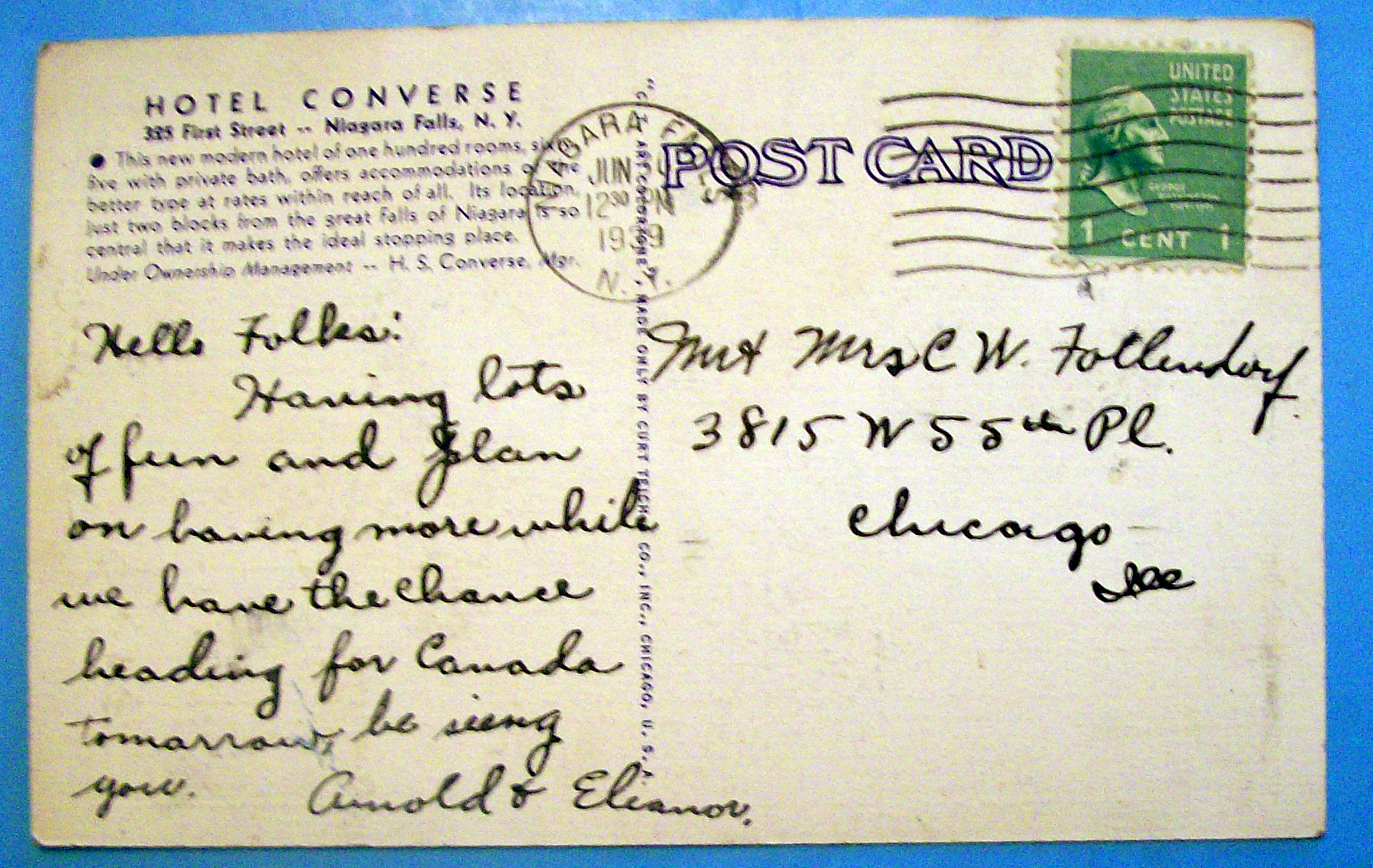Hotel Converse, Niagara Falls, N.Y. Postcard