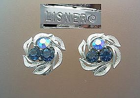 Crystal Blue LISNER Silver Tone Clip Earrings