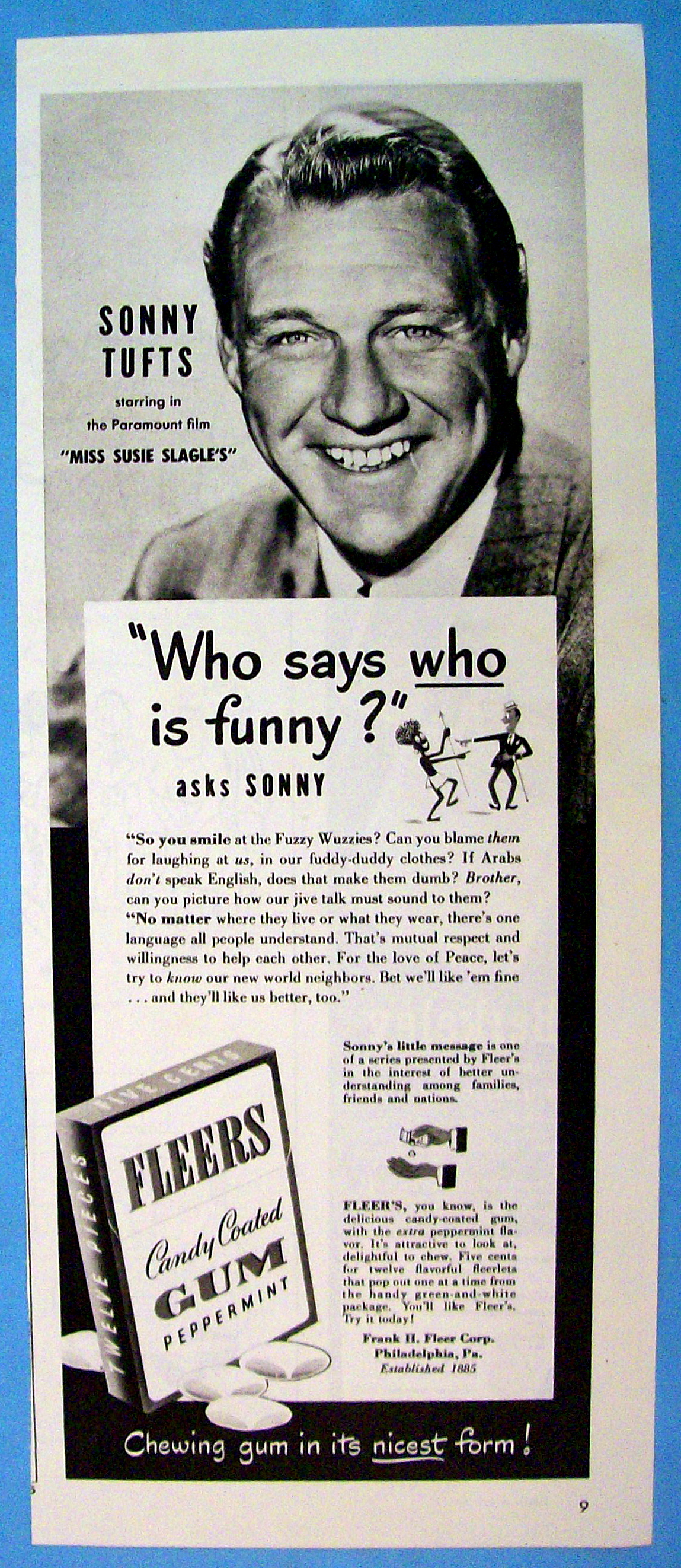 Vintage Ad: 1946 Fleers Peppermint Gum w/Sonny Tufts