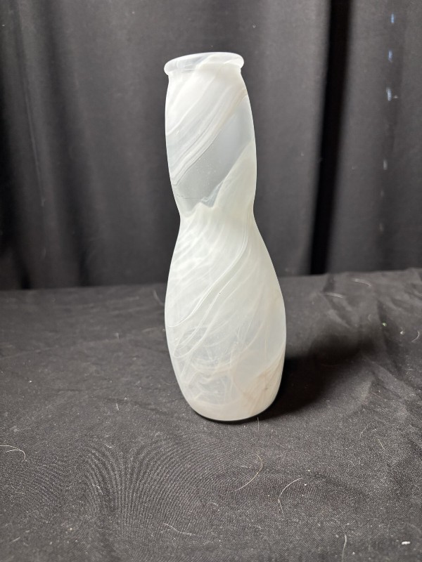 White Slag Glass Bowling Pin Vase 7.5" Mid Century Swirl Art Glass Glow