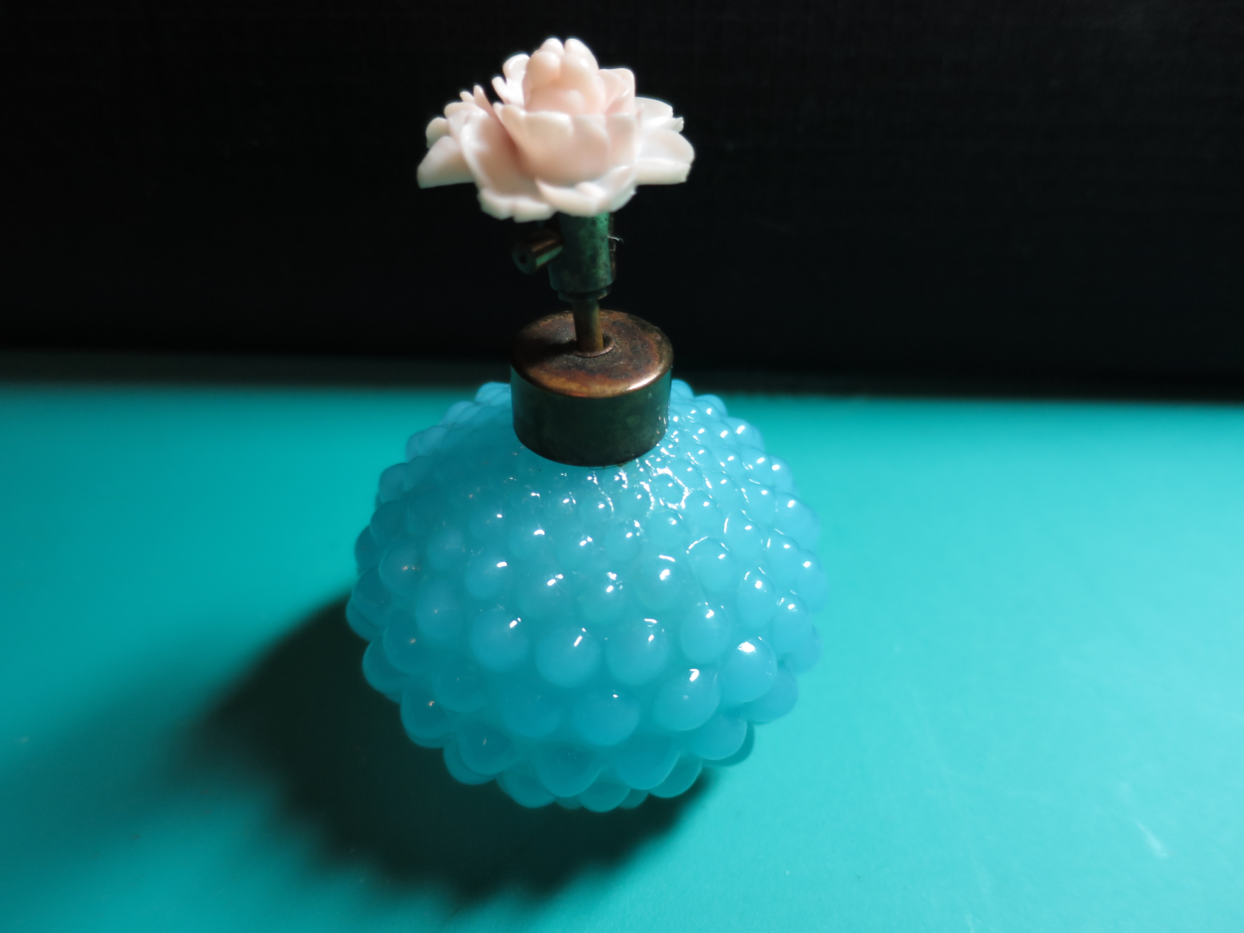 Blue Hobnail Glass Perfume Bottle Floral Top