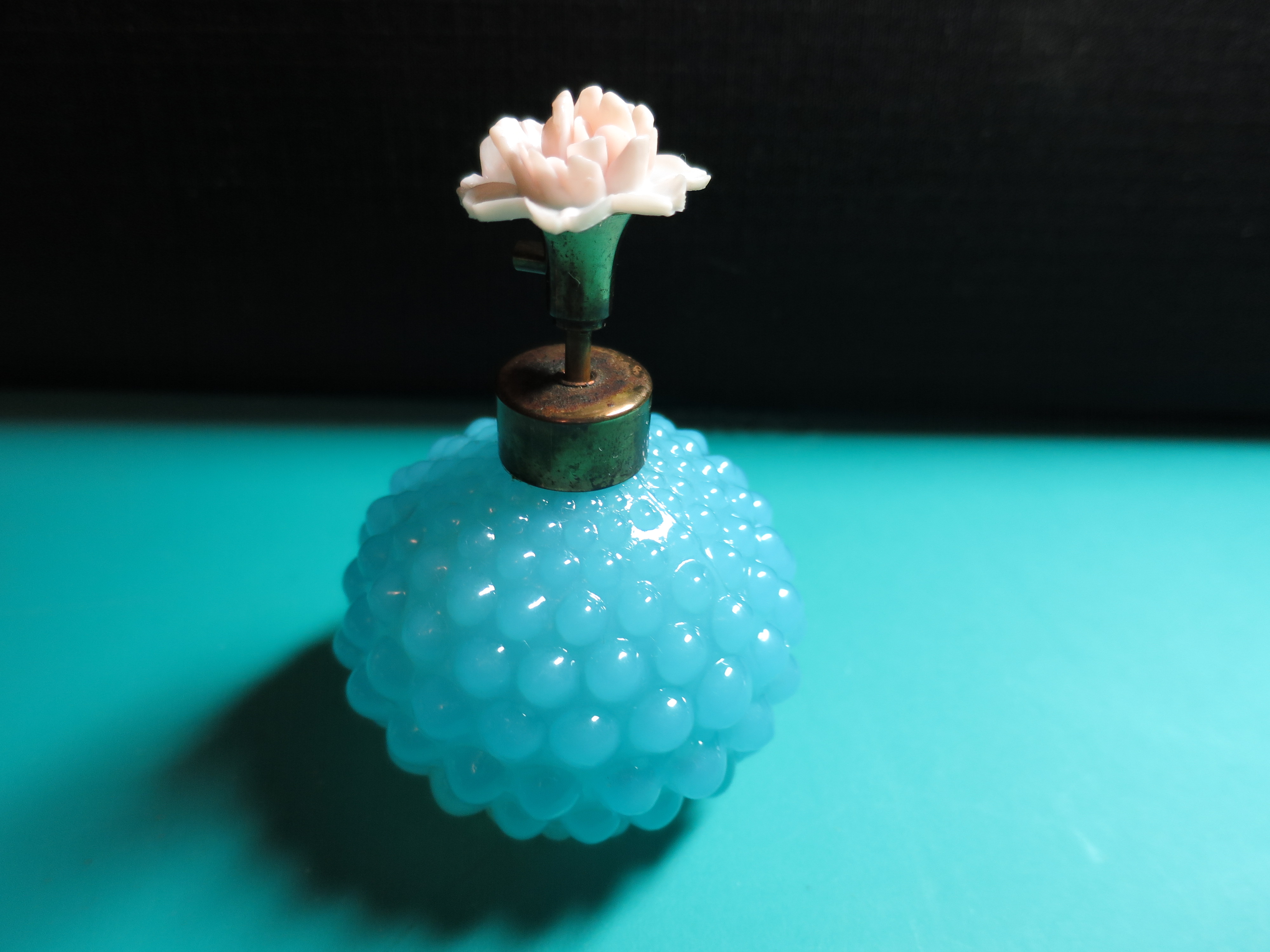Blue Hobnail Glass Perfume Bottle Floral Top