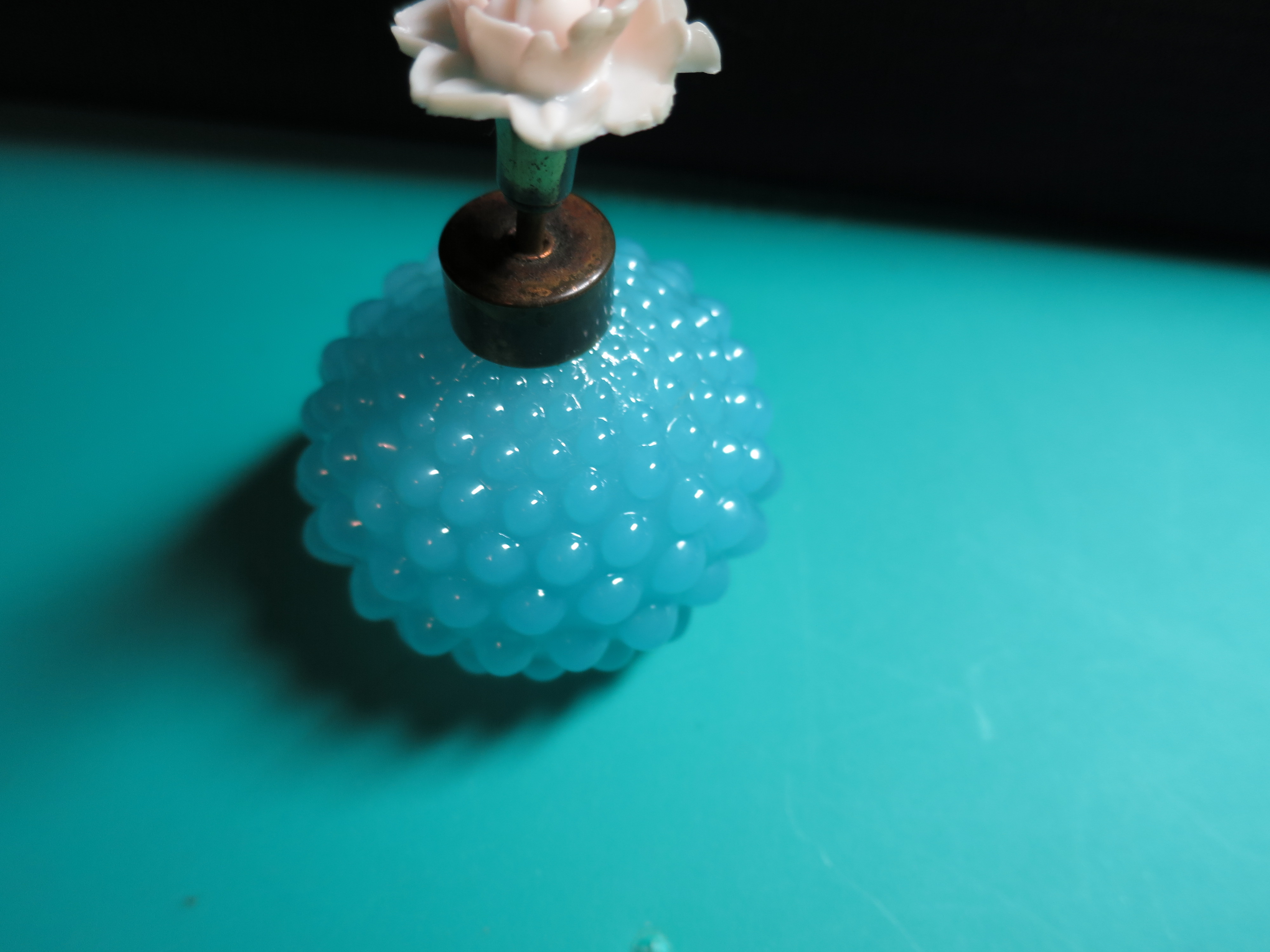 Blue Hobnail Glass Perfume Bottle Floral Top
