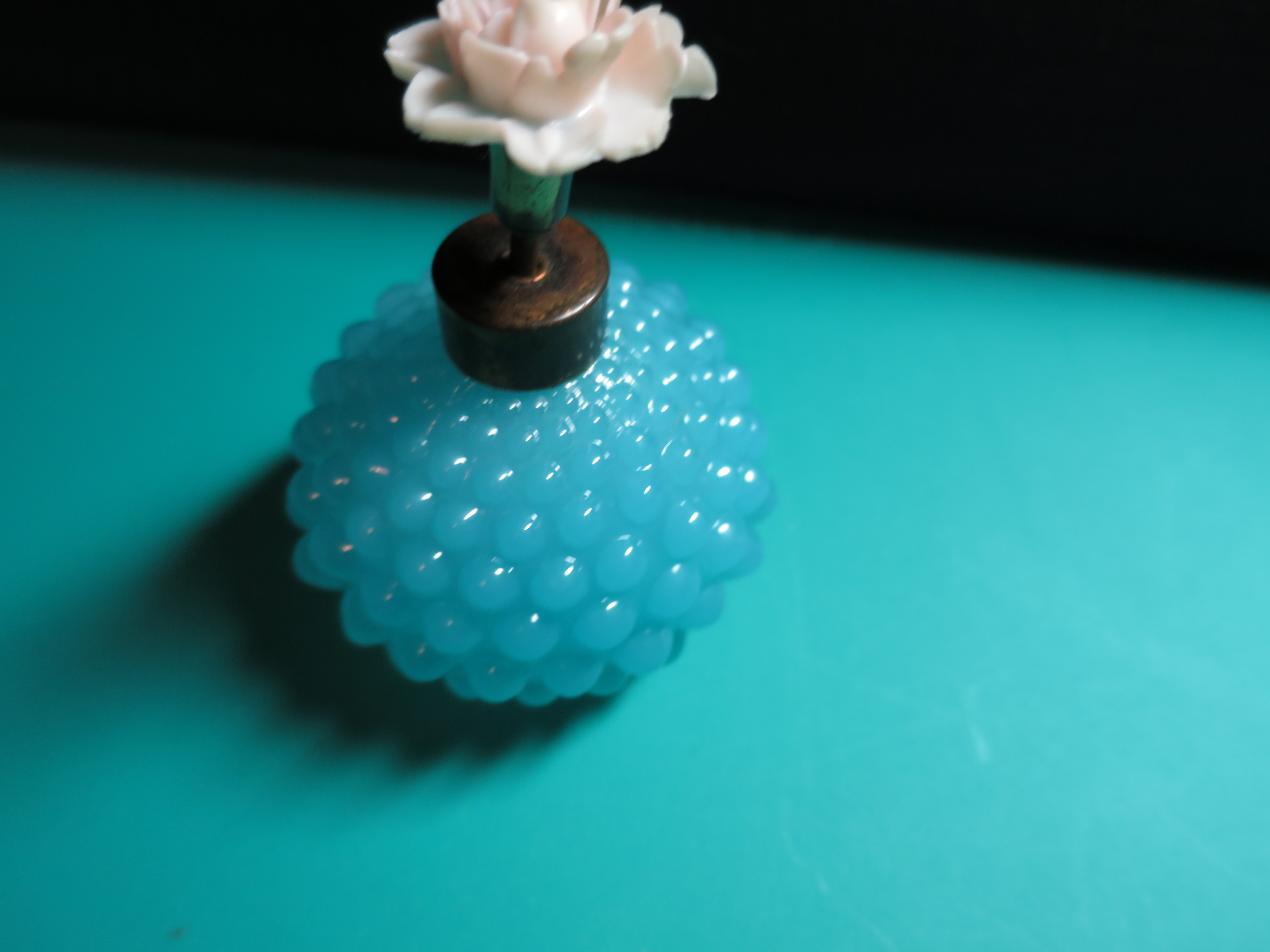 Blue Hobnail Glass Perfume Bottle Floral Top