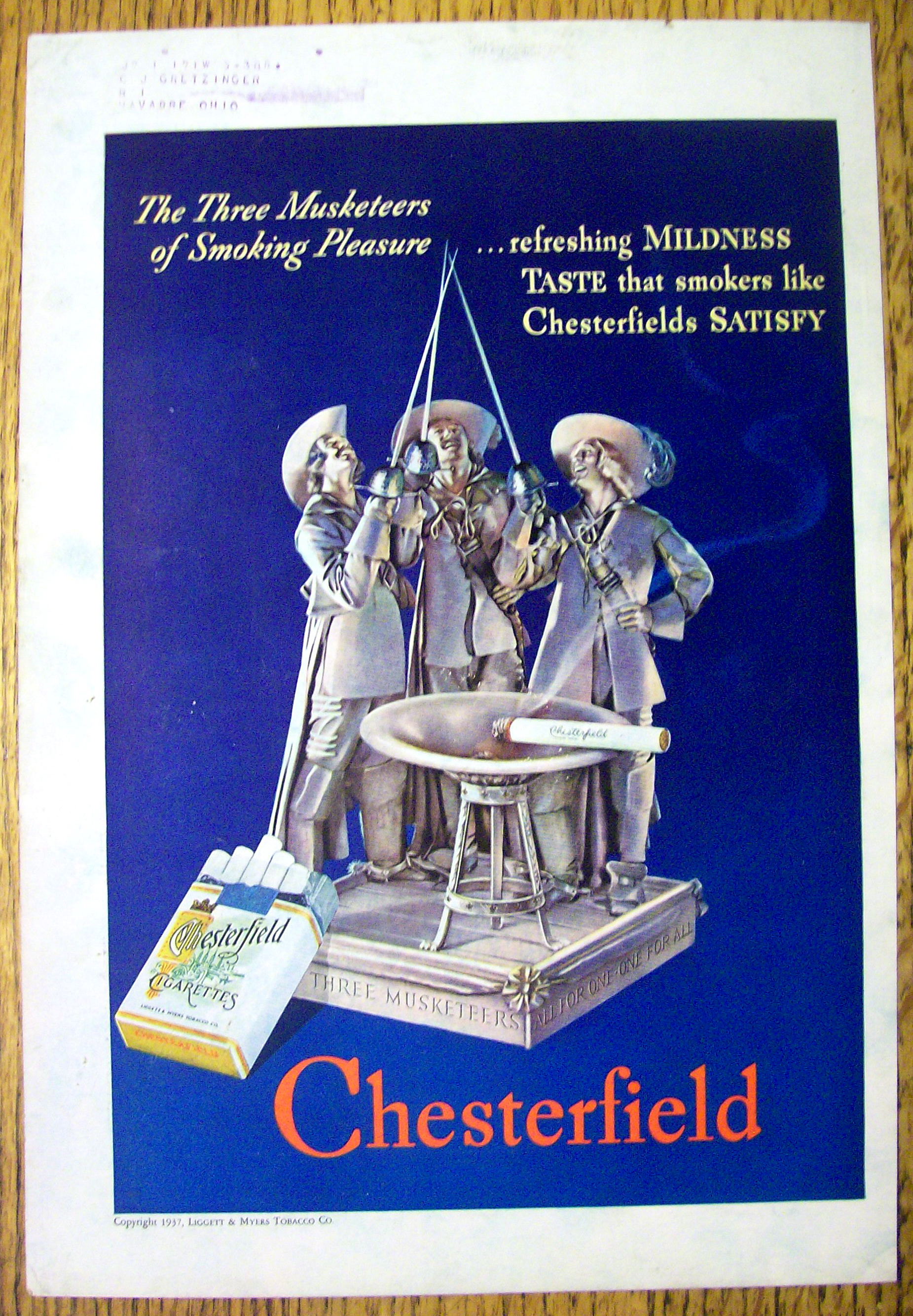 1937 Chesterfield Cigarettes with the 3 Musketeers