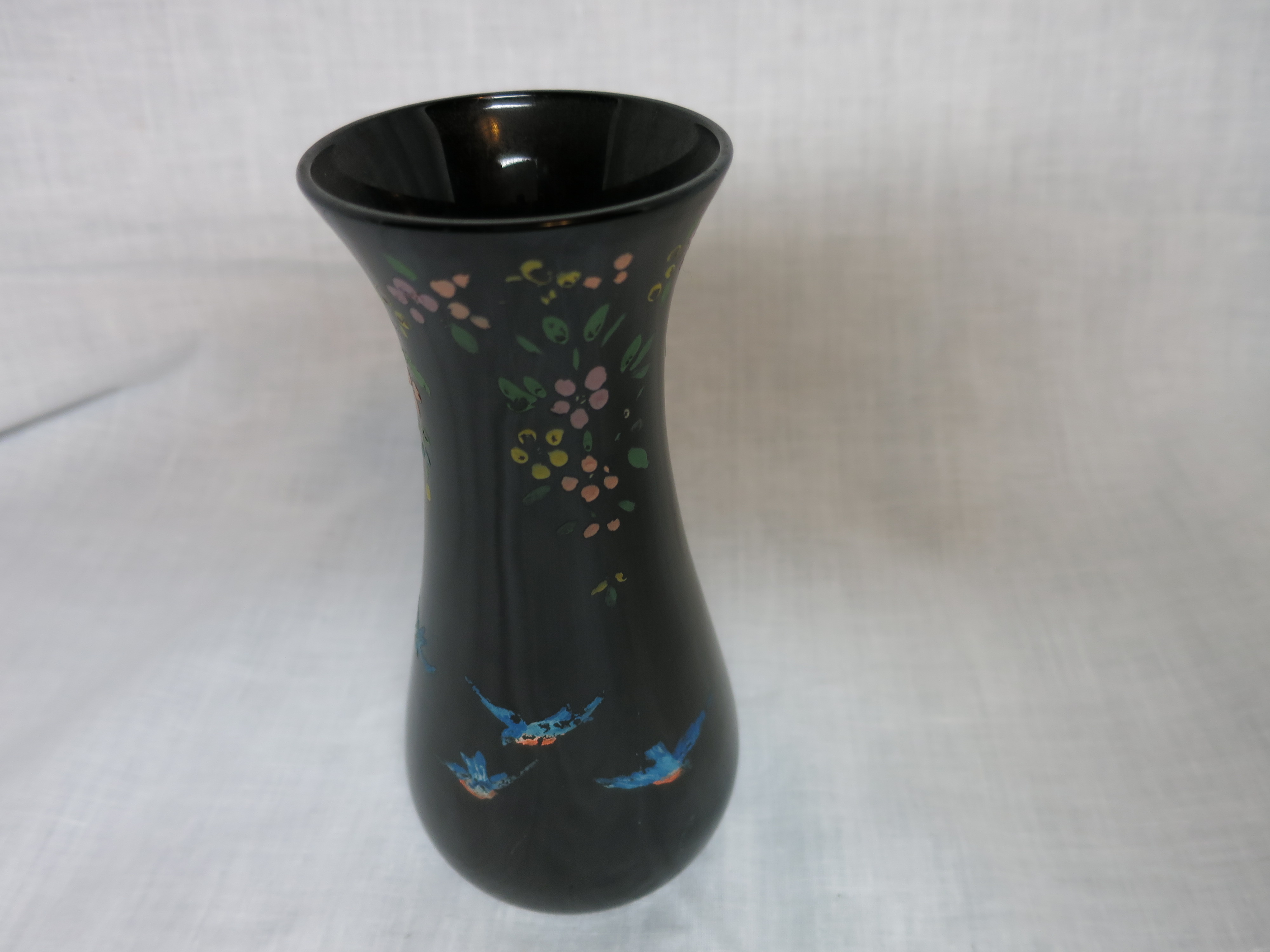 Black Amethyst Glass Vase Painted Flowers Birds 6 1/4in