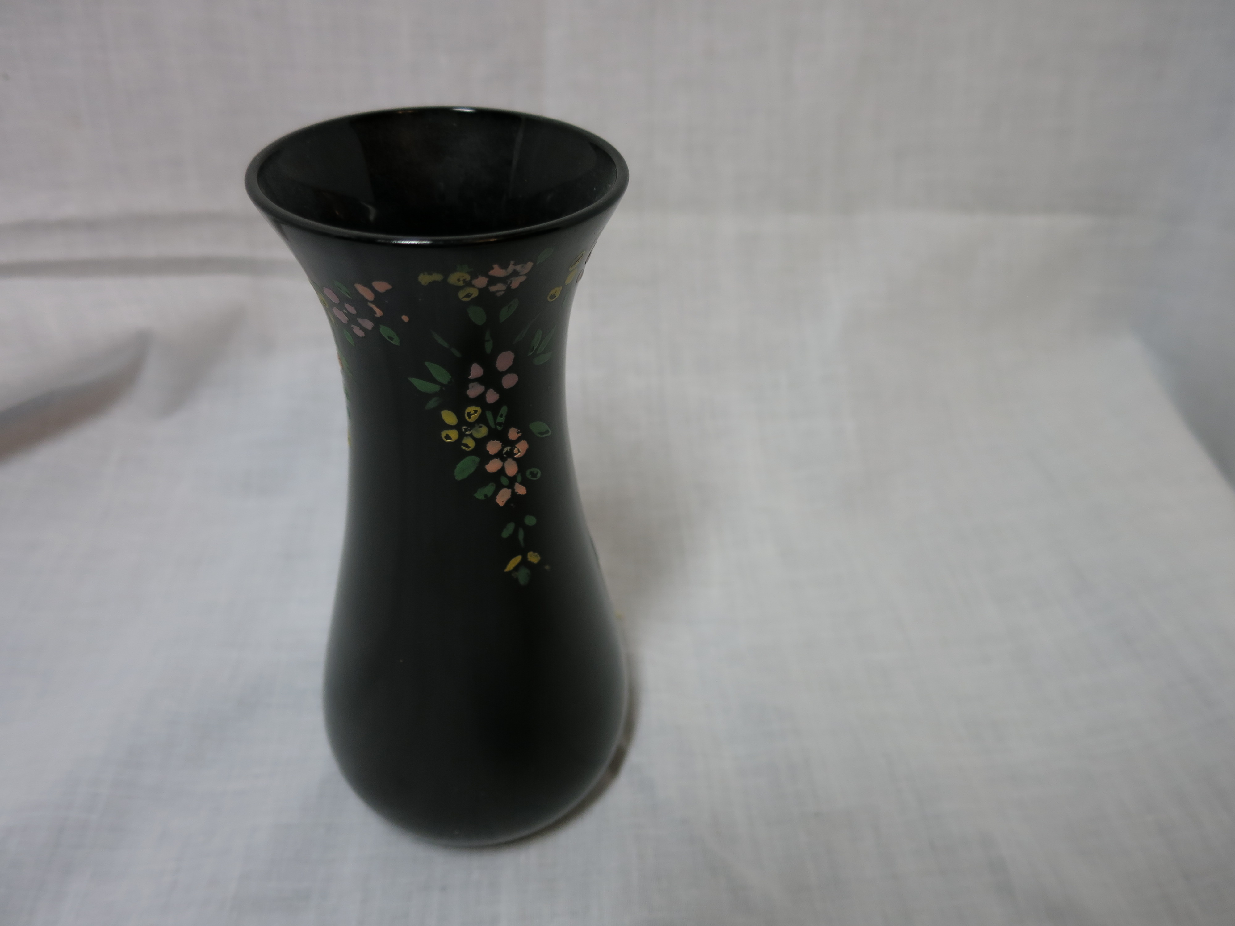 Black Amethyst Glass Vase Painted Flowers Birds 6 1/4in
