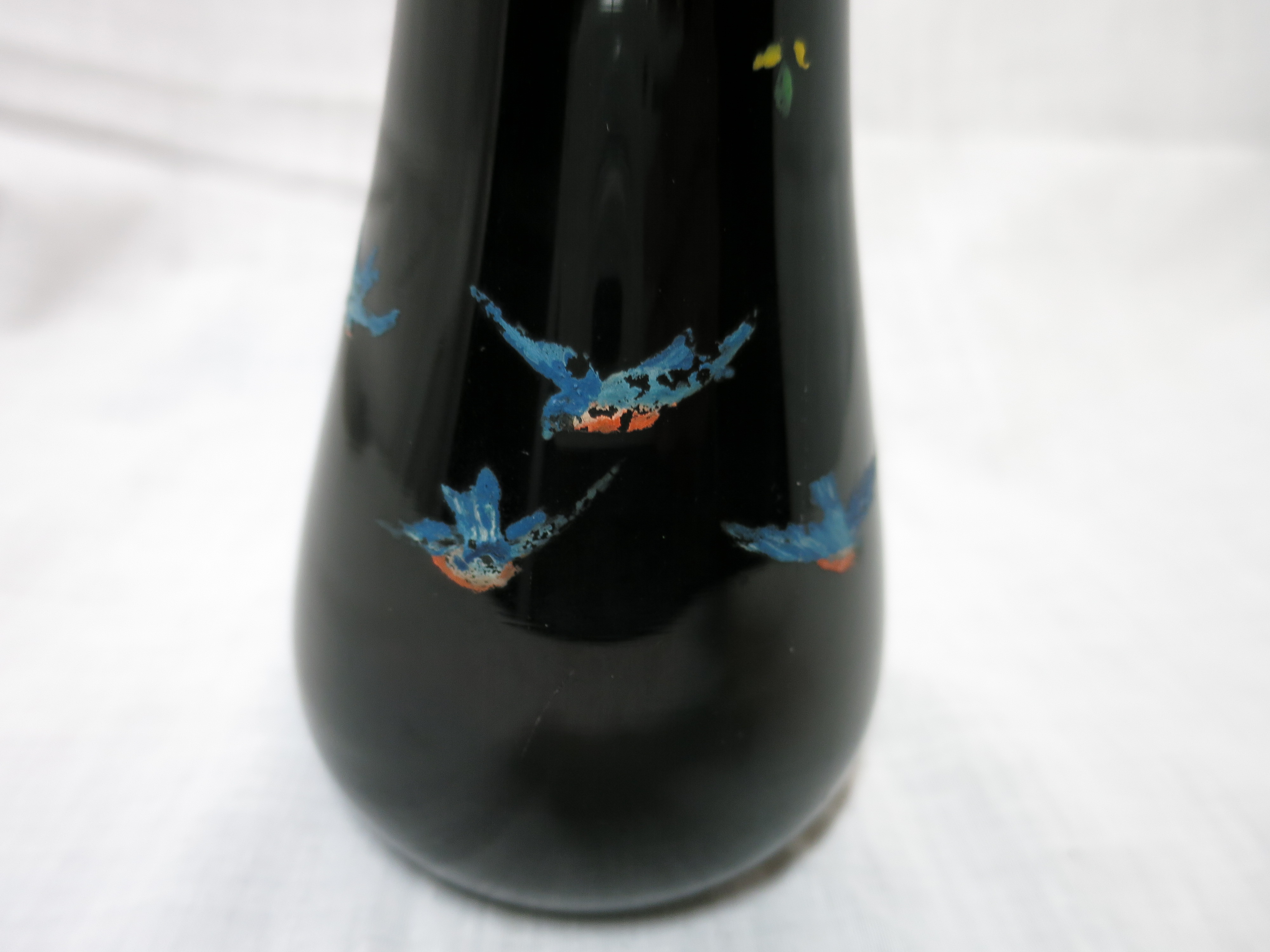 Black Amethyst Glass Vase Painted Flowers Birds 6 1/4in