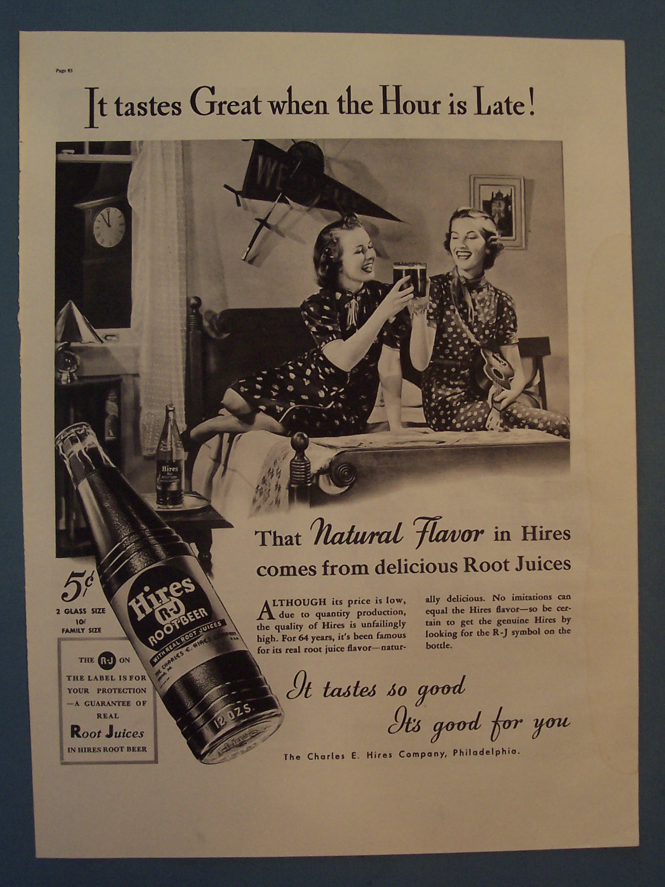 1937 Hires Root Beer with Two Women Tapping Glasses