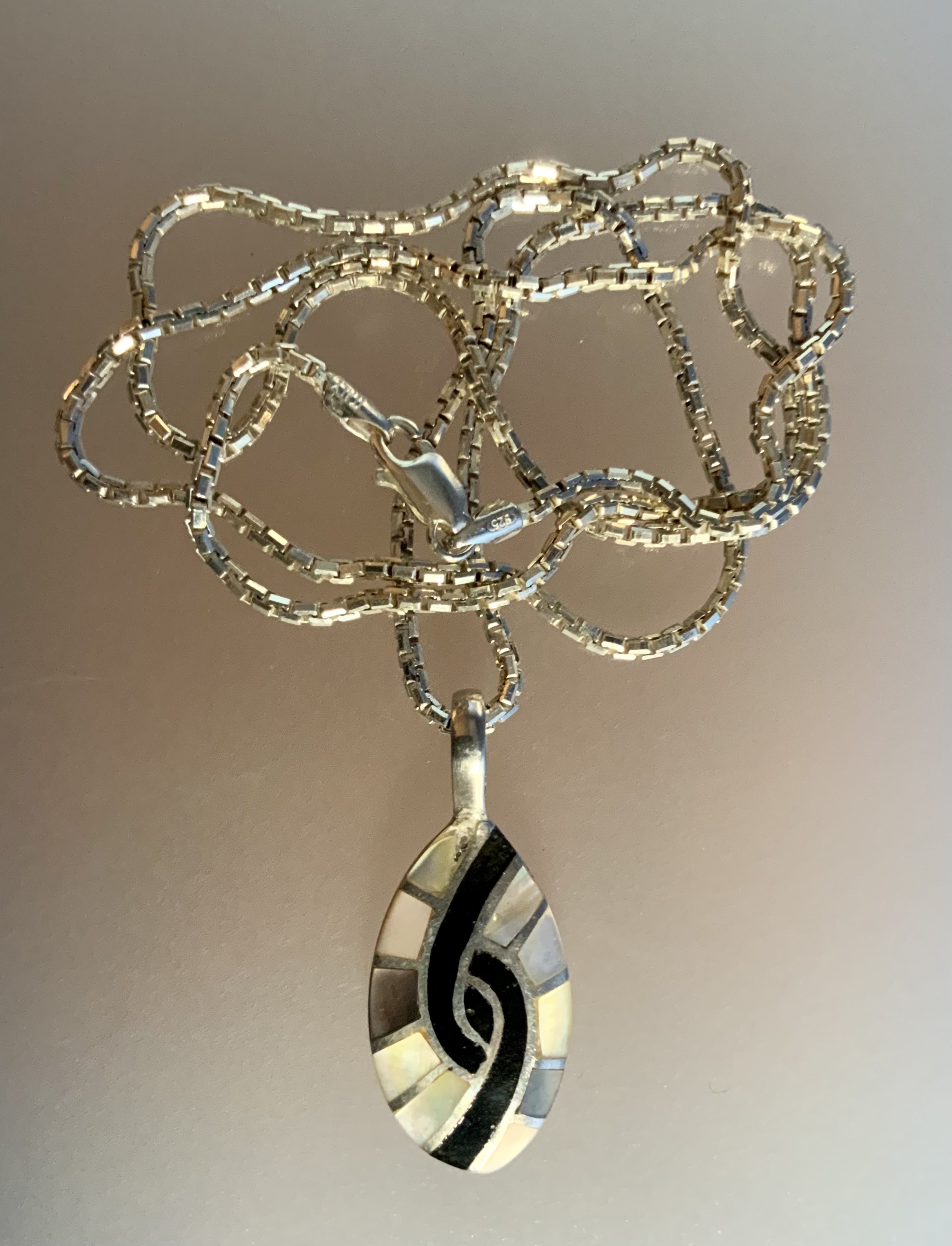 Onyx Mother of Pearl Sterling Silver 22 inch Necklace